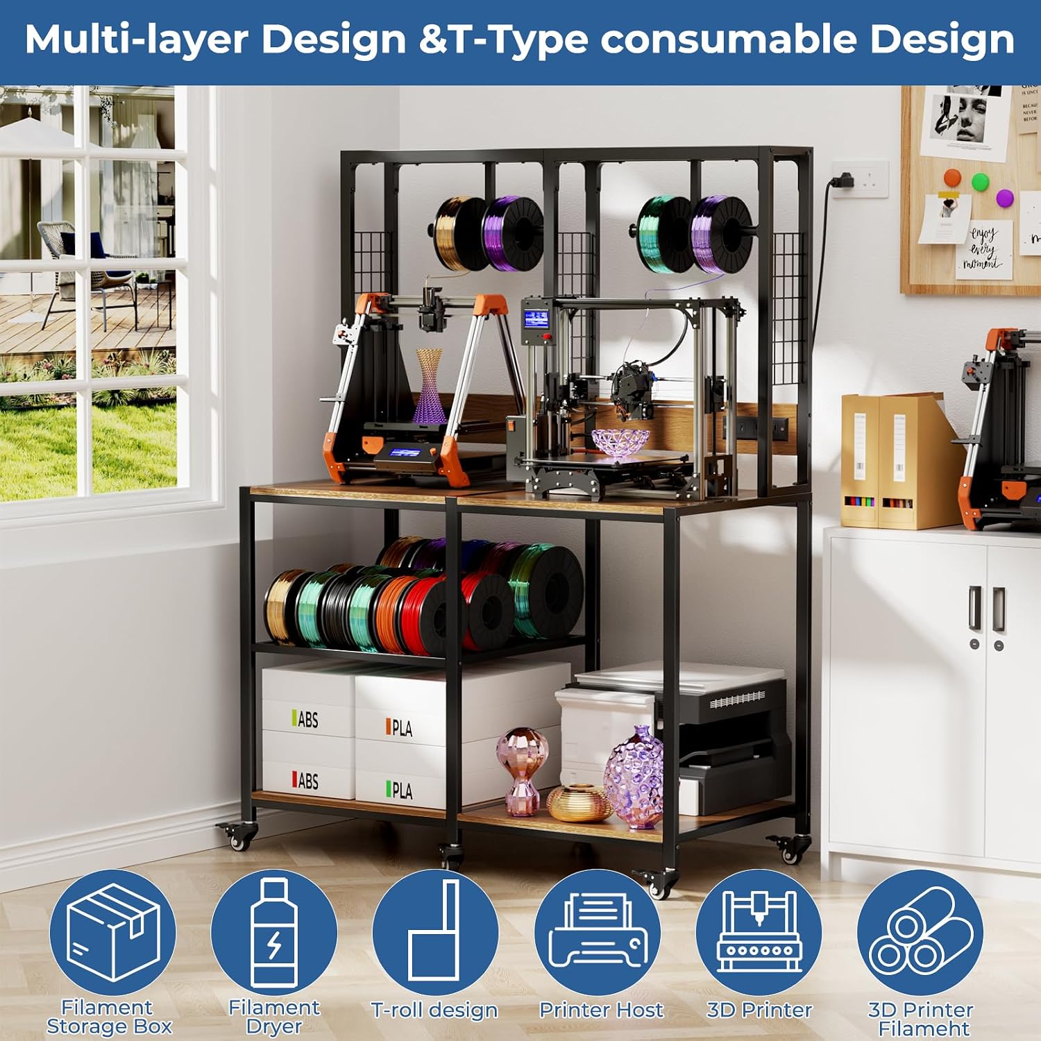 Double 3D Printer Stand with Filament Storage, Heavy-Duty Metal Frame Dual 3D Printer Table Workbench, T-Type Filament Holder, Lockable Wheels, Mobile or Fixed Printer Rack for Home & Workshop