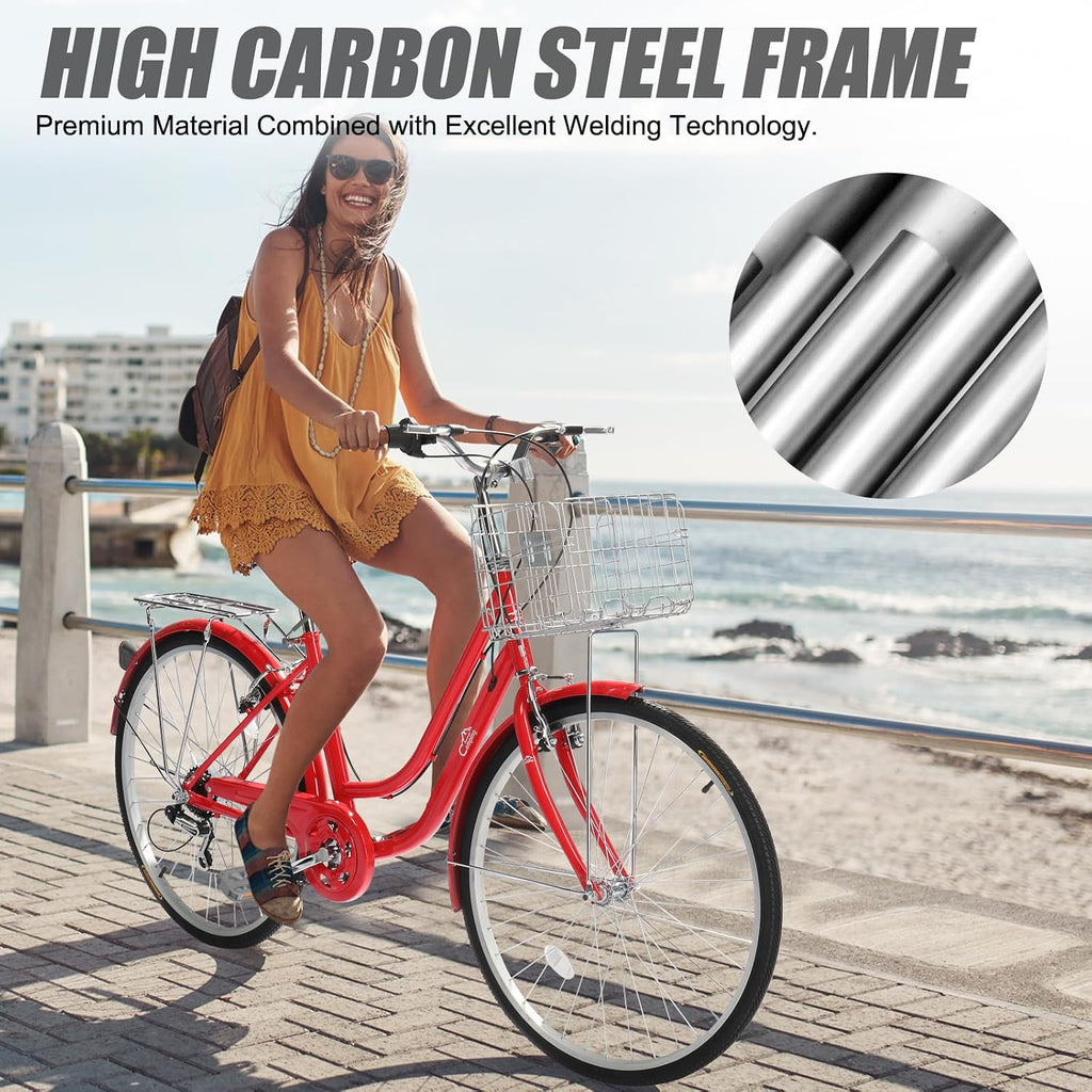 CamPingSurvivals 26' Beach Cruiser Bike, Commuter Bicycle, 7 Speed/Linear Pull Brakes/Widen Seat Men & Women Bike, Adult and Teens Bicycle for Urban Commuter