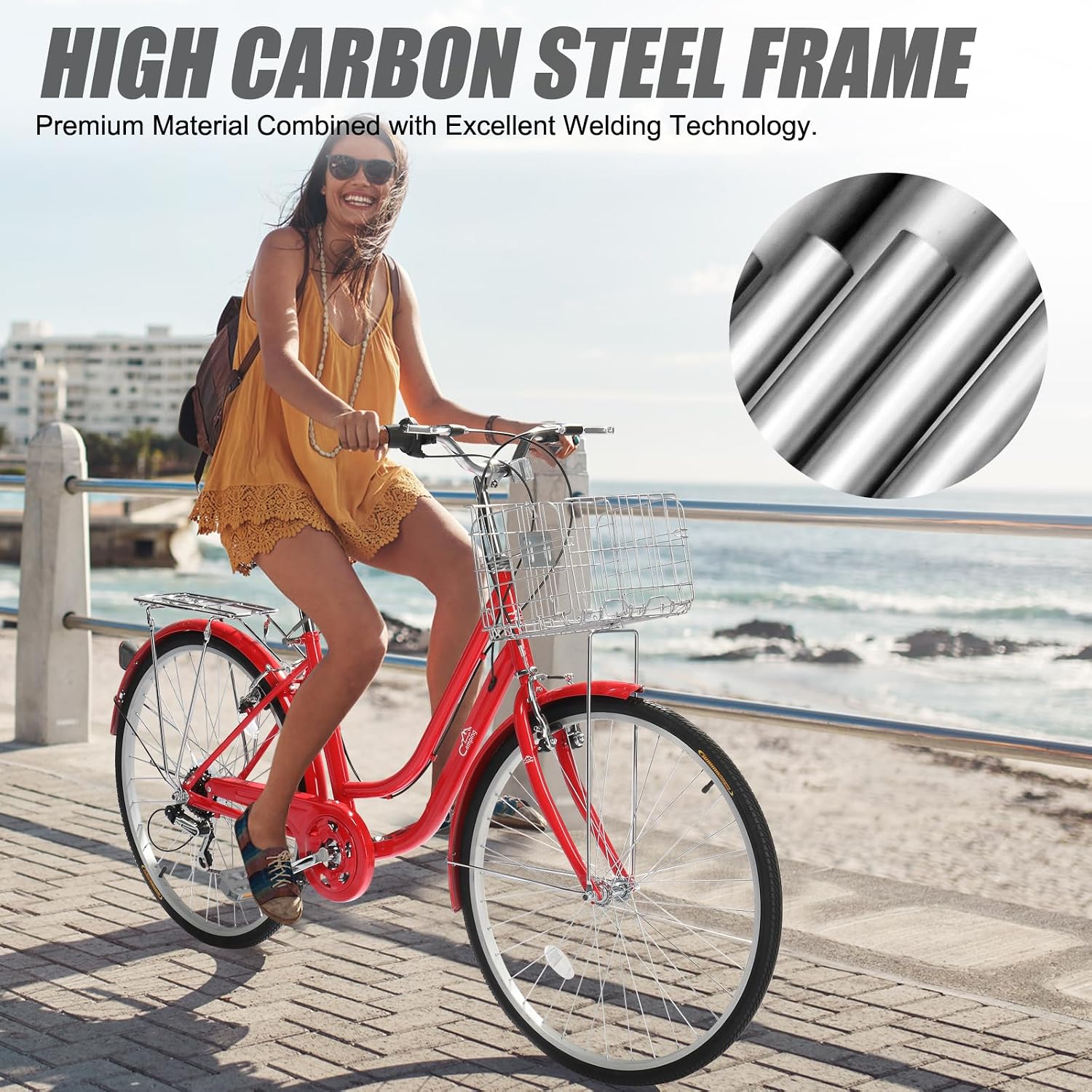 CamPingSurvivals 26' Beach Cruiser Bike, Commuter Bicycle, 7 Speed/Linear Pull Brakes/Widen Seat Men & Women Bike, Adult and Teens Bicycle for Urban Commuter