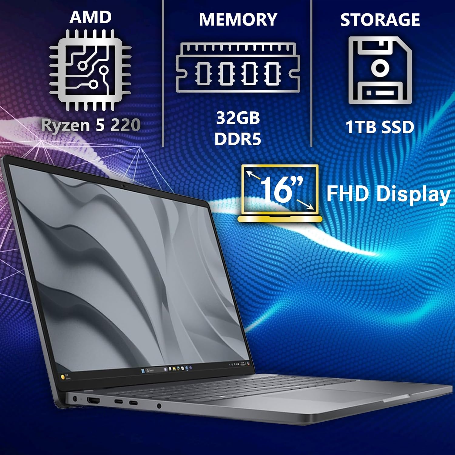 Dell Pro 16 FHD 16' Display Business Laptop, AMD Ryzen 5 220, 32GB DDR5 RAM, 1TB SSD PCIe, Backlit Keyboard, WiFi 6E + BT, RJ-45, HDMI, AI PC, HD Webcam, Windows 11 Pro - Magnetite Black