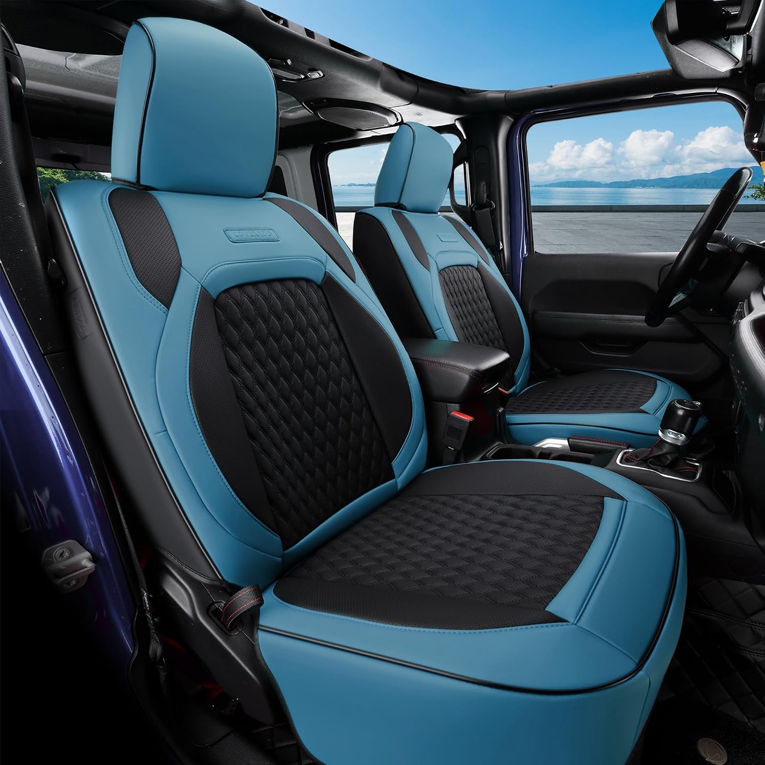 Coverado Seat Covers for Jeep Wrangler, Faux Leather Car Seat Covers Custom Fit for Jeep Wrangler JL 4 Door Sahara Sport Rubicon X Unlimited Willys Trims 2018-2026(Blue)