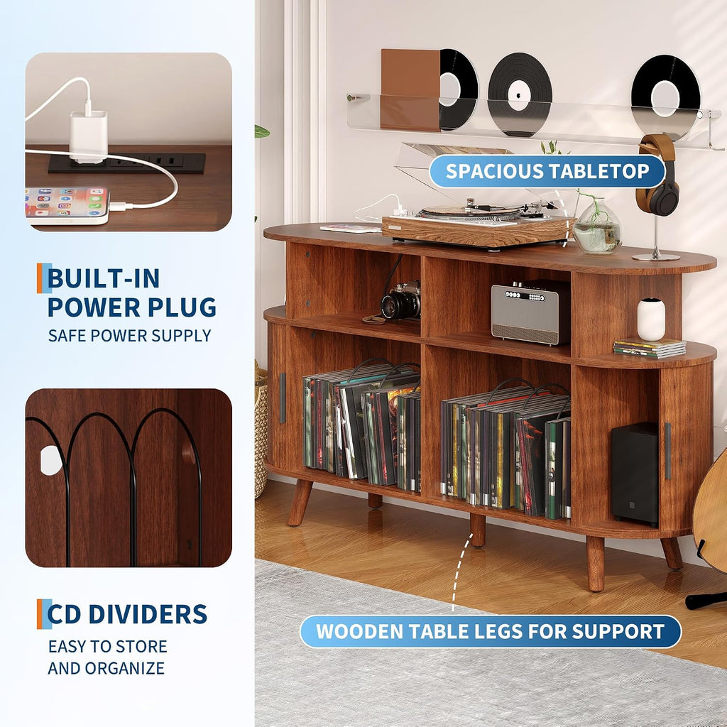 Garvee 55'' Fluted Mid Century Modern Turntable Cabinet with Vinyl Storage, Large Round Record Player Stand with Charging Station and Display Shelf, Arched Wood Record Player Table for Living Room