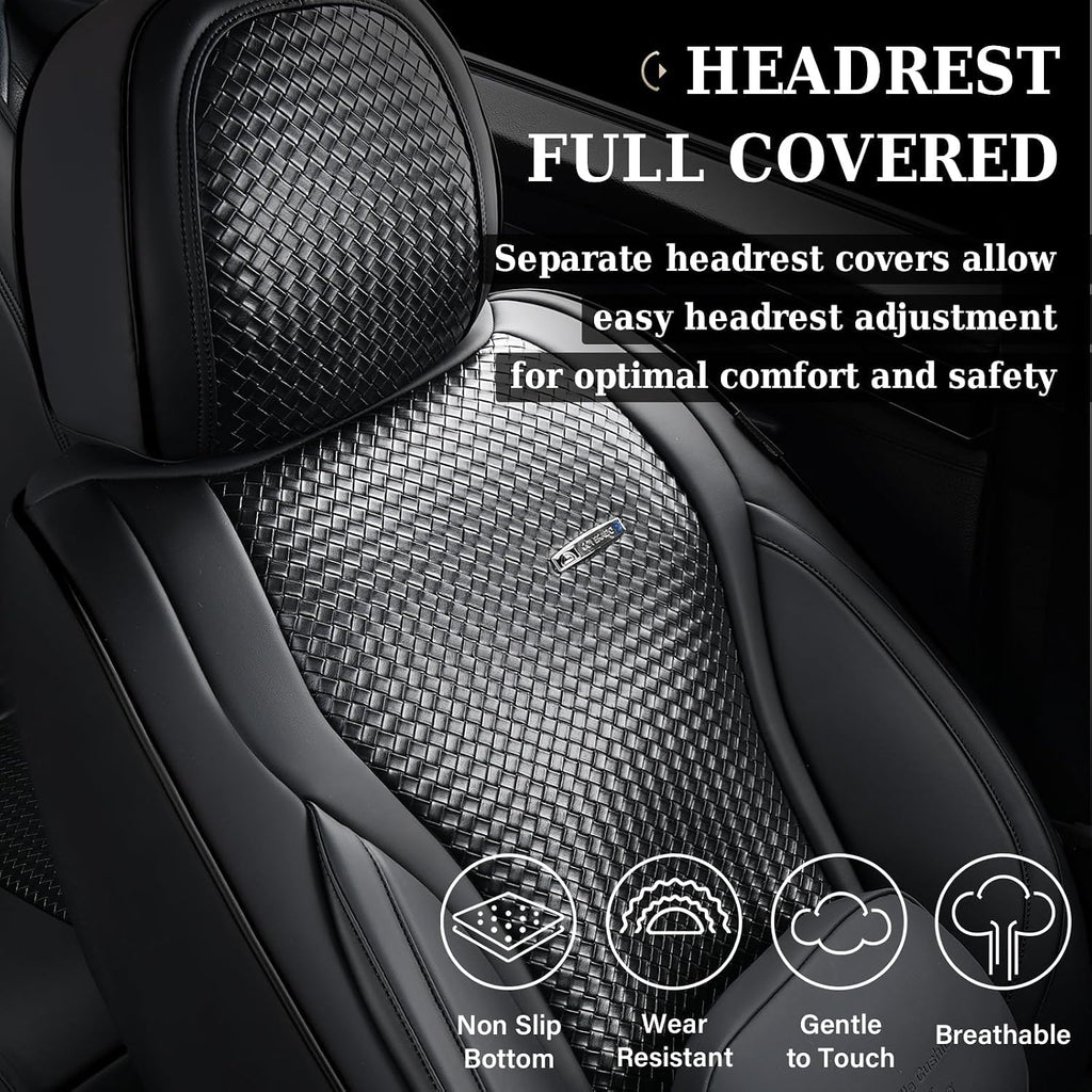 Coverado Car Seat Covers Full Set, Black Seat Covers for Cars, Waterproof Nappa Leather Automotive Seat Covers with Lumbar Head Pillow, Car Seat Protectors, Universal Fit for Most Cars SUV