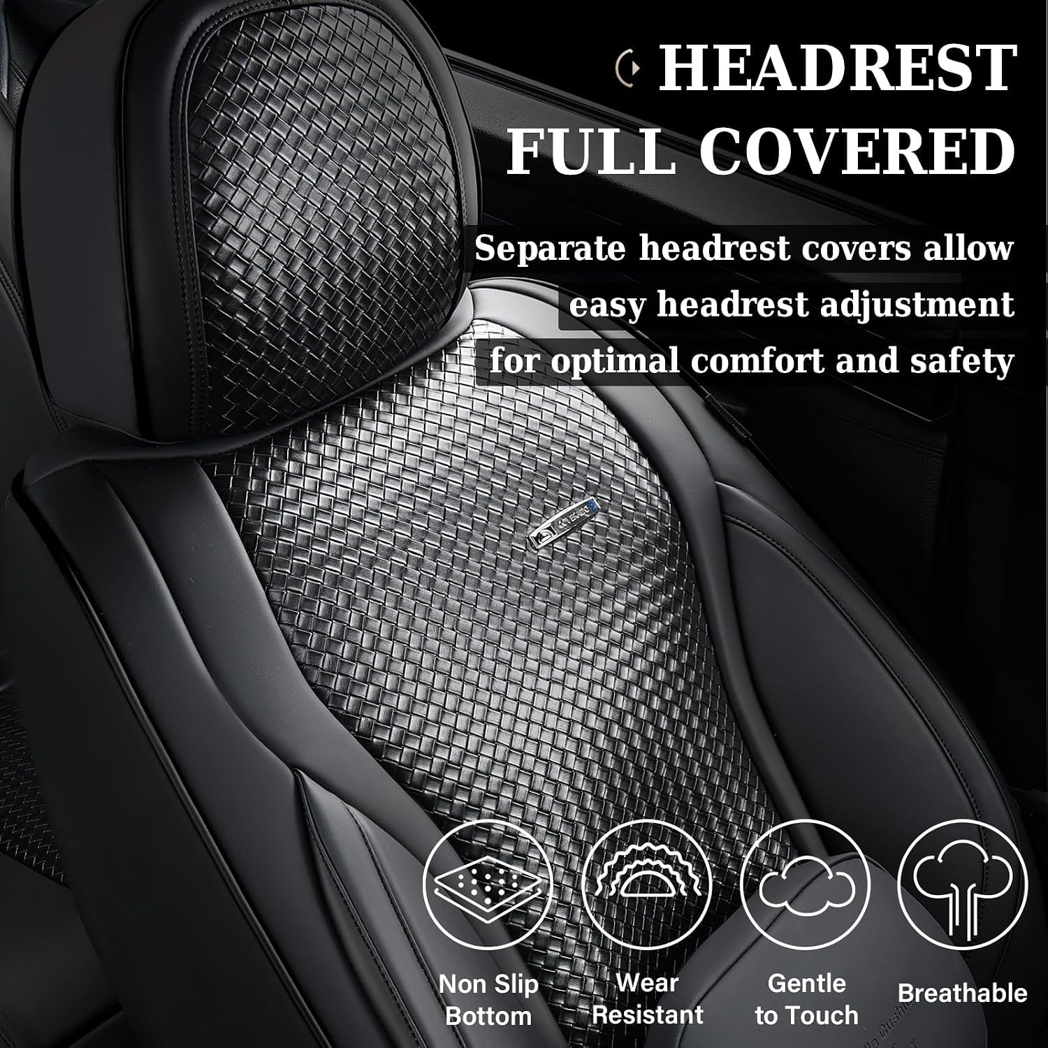 Coverado Car Seat Covers Full Set, Black Seat Covers for Cars, Waterproof Nappa Leather Automotive Seat Covers with Lumbar Head Pillow, Car Seat Protectors, Universal Fit for Most Cars SUV