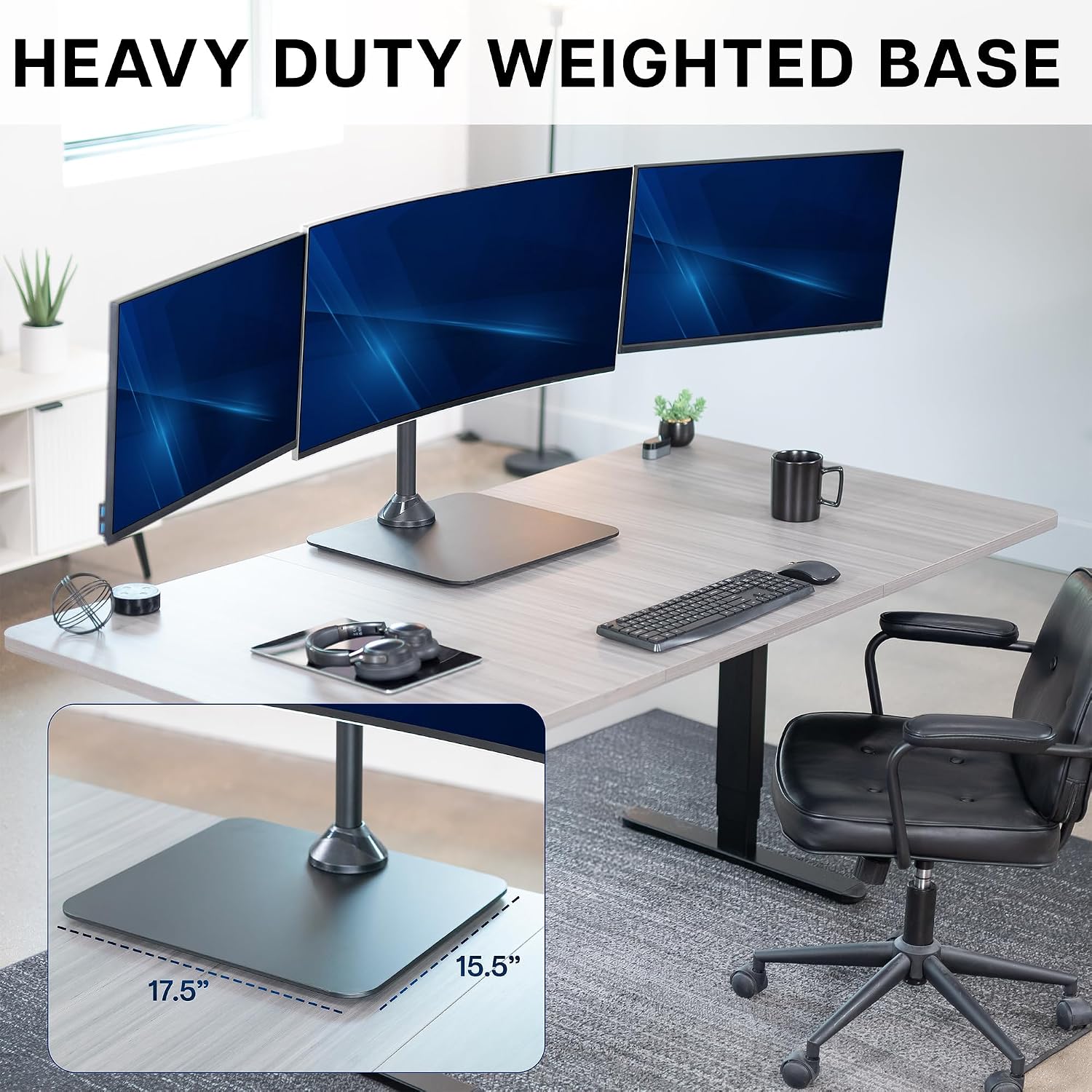 VIVO Premium Freestanding Triple Monitor Desk Mount for 3 Screens up to 22 lbs, Fits up to 38 inch Ultrawides on Center Bracket, Adjustable Telescoping Arms, Flush Wall Setup, Black, STAND-TS03F
