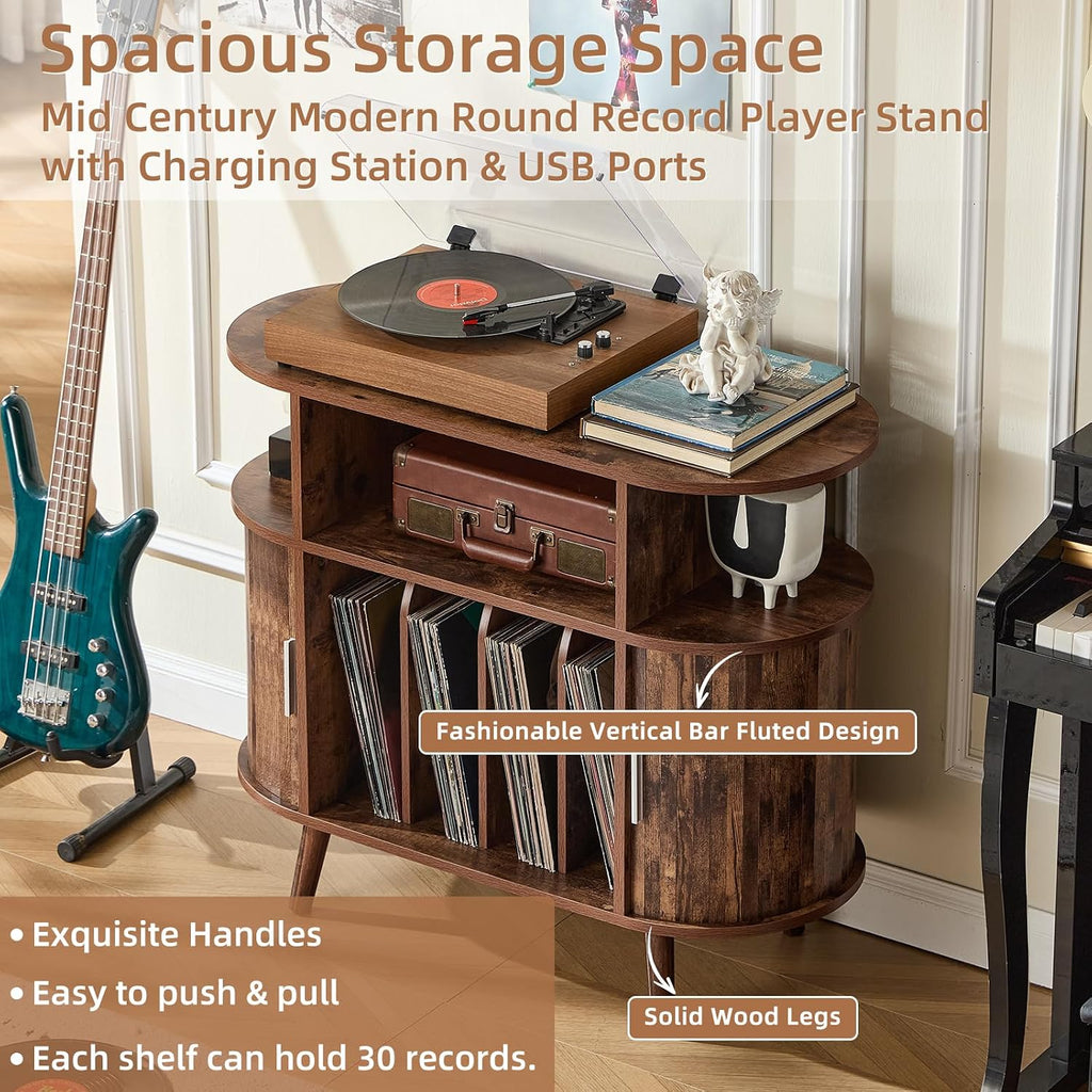 LELELINKY Small Round Record Player Stand with Charging Station & Fluted Panel, Brown Mid Century Modern Turntable Cabinet with Vinyl Storage, Arched Wood Record Player Table for Living Room