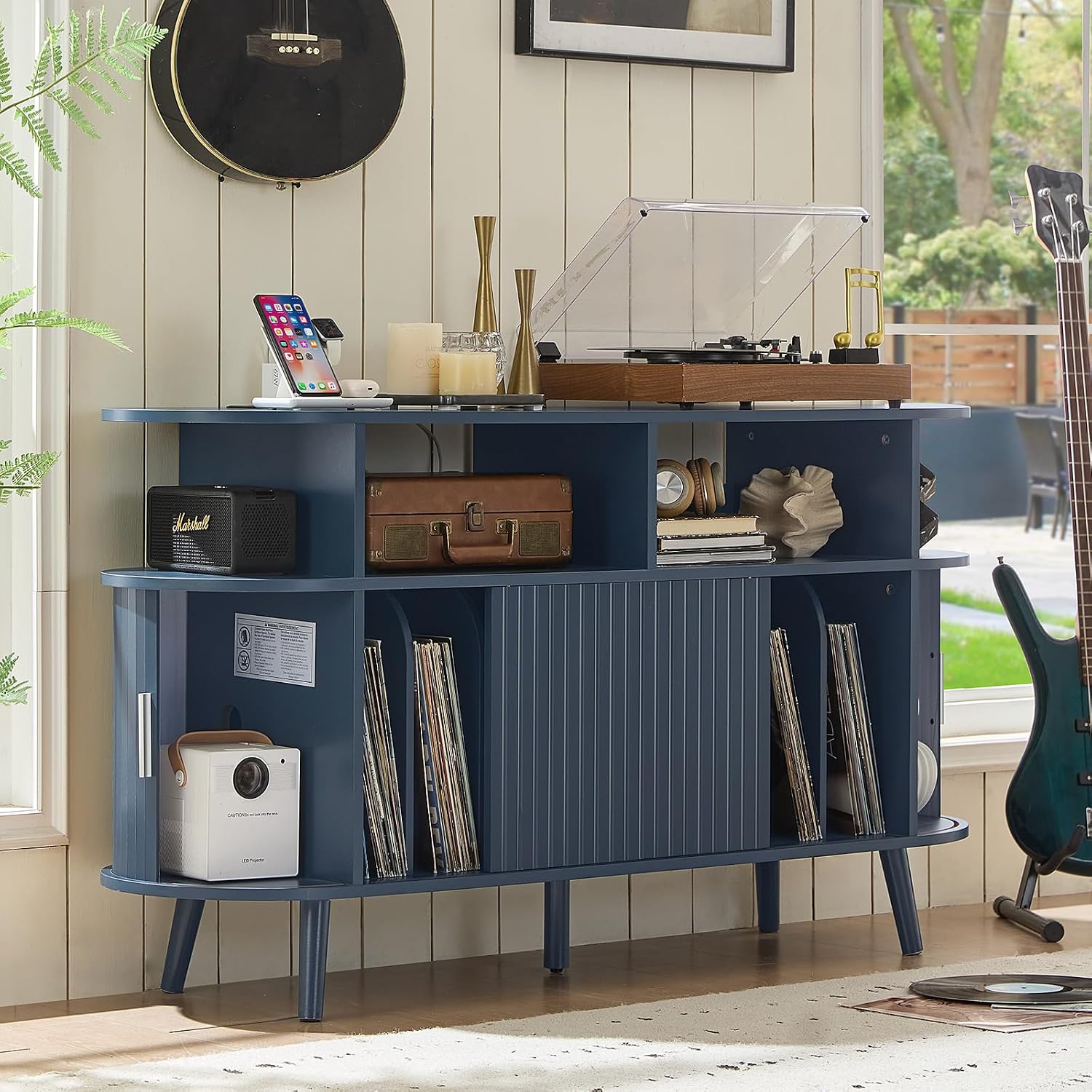 LELELINKY Large Round Record Player Stand with Charging Station & Fluted Panel, Blue Mid Century Modern Turntable Cabinet with Vinyl Storage, Arched Wood Record Player Table for Living Room