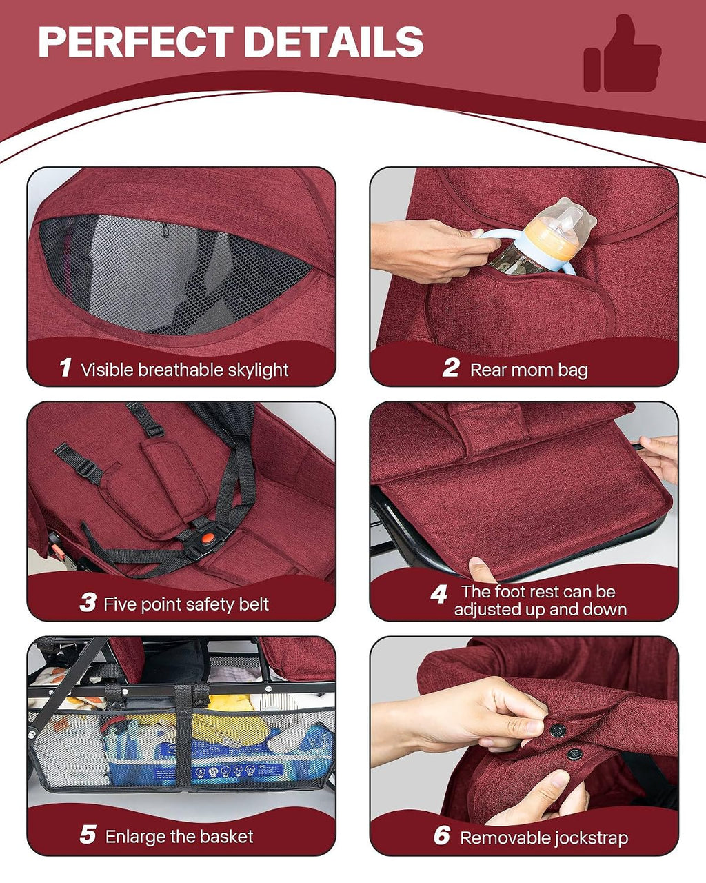 Double Stroller for Infant Toddler, Foldable Double Baby Stroller with Tandem Seating and Adjustable Backrest - Extra Gift Toys/Mosquito Net/Sleeping Mats/ 2 Cotton Pads/ 2 Hooks(Red)