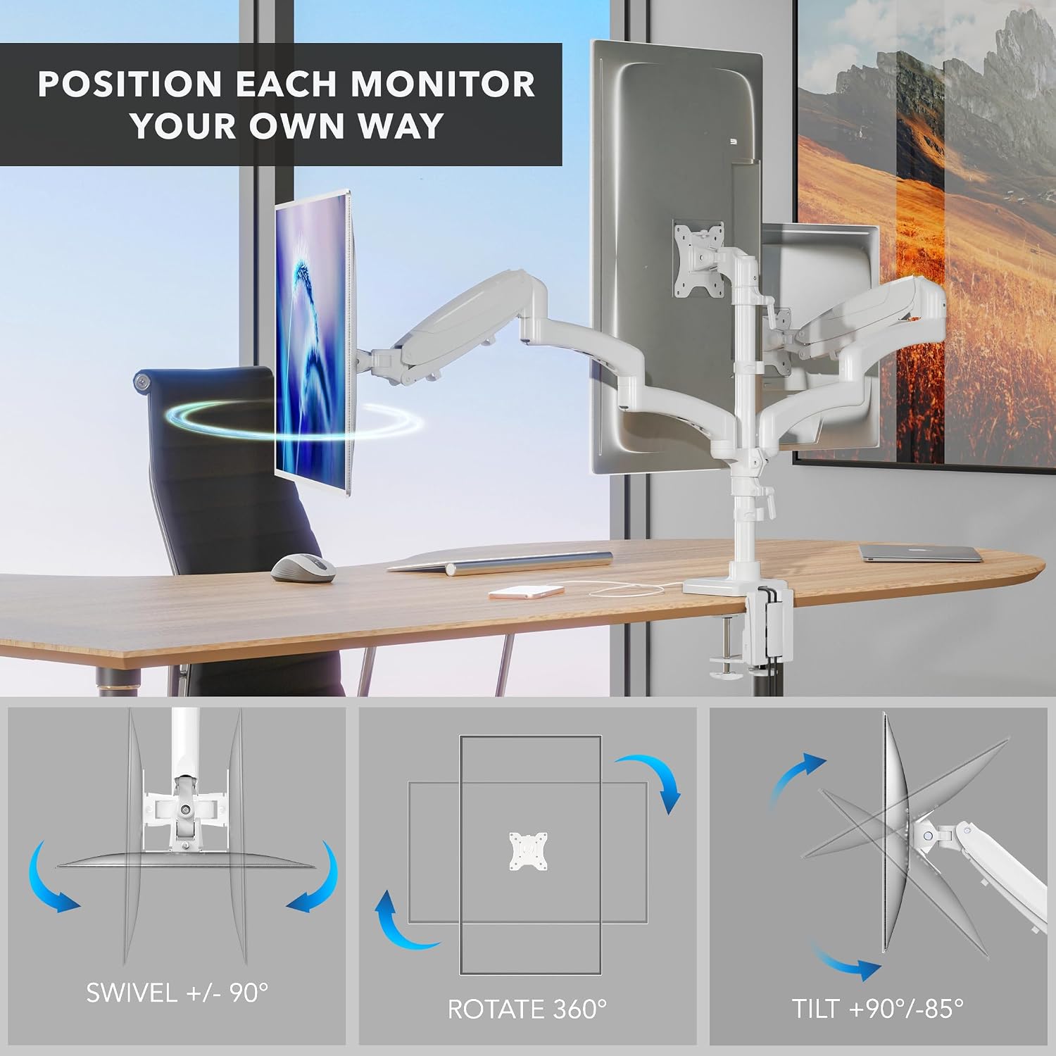 Mount-It! Triple Monitor Mount, 3 Monitor Desk Mount, Gas Spring Arms, Fits 13–27' Screens, VESA 75 & 100, Clamp or Grommet, USB-A & USB-C, White