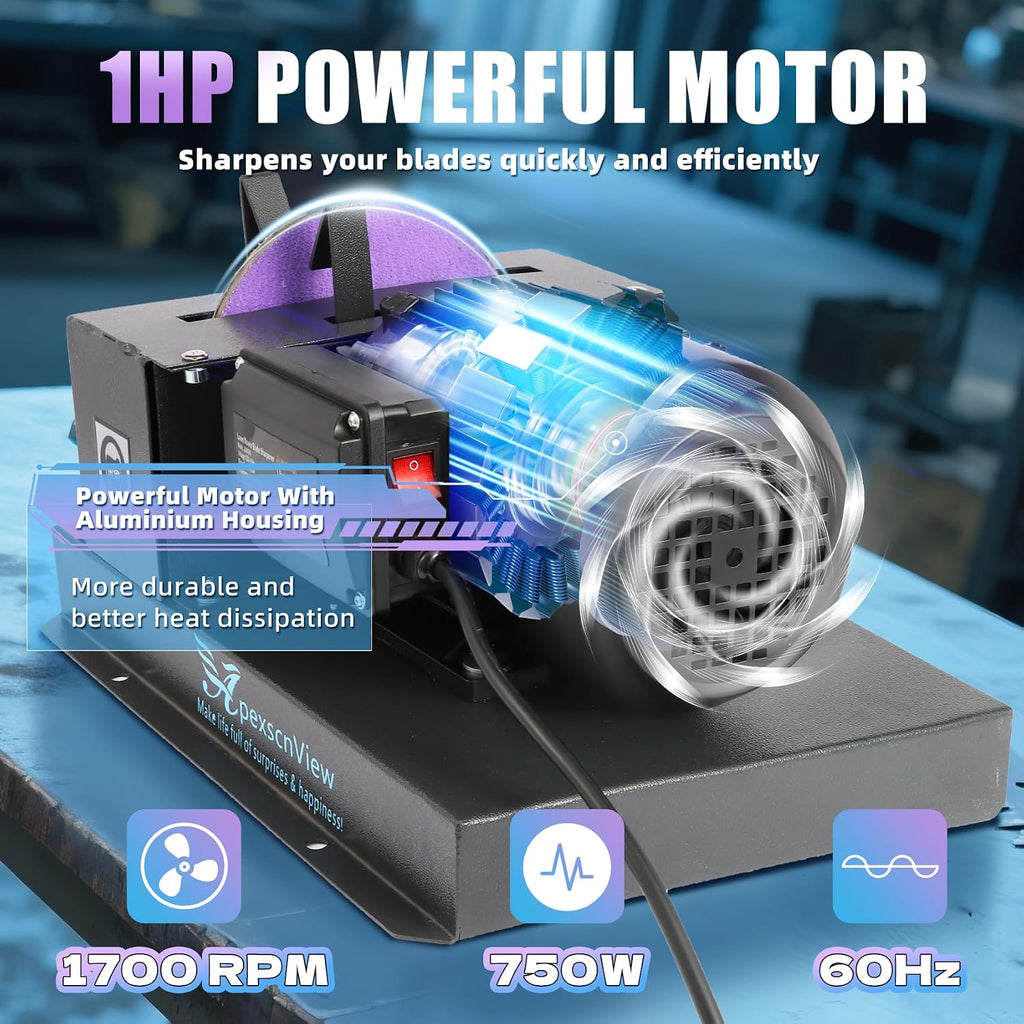 Lawn Mower Blade Sharpener, 1HP 750W Lawn Mower Blade Grinder with 9 in Ceramic Wheel, Flat Blades, Sharpens High/Low Lift, Adjustable Angle Bracket and Blade Balancer, Etc.