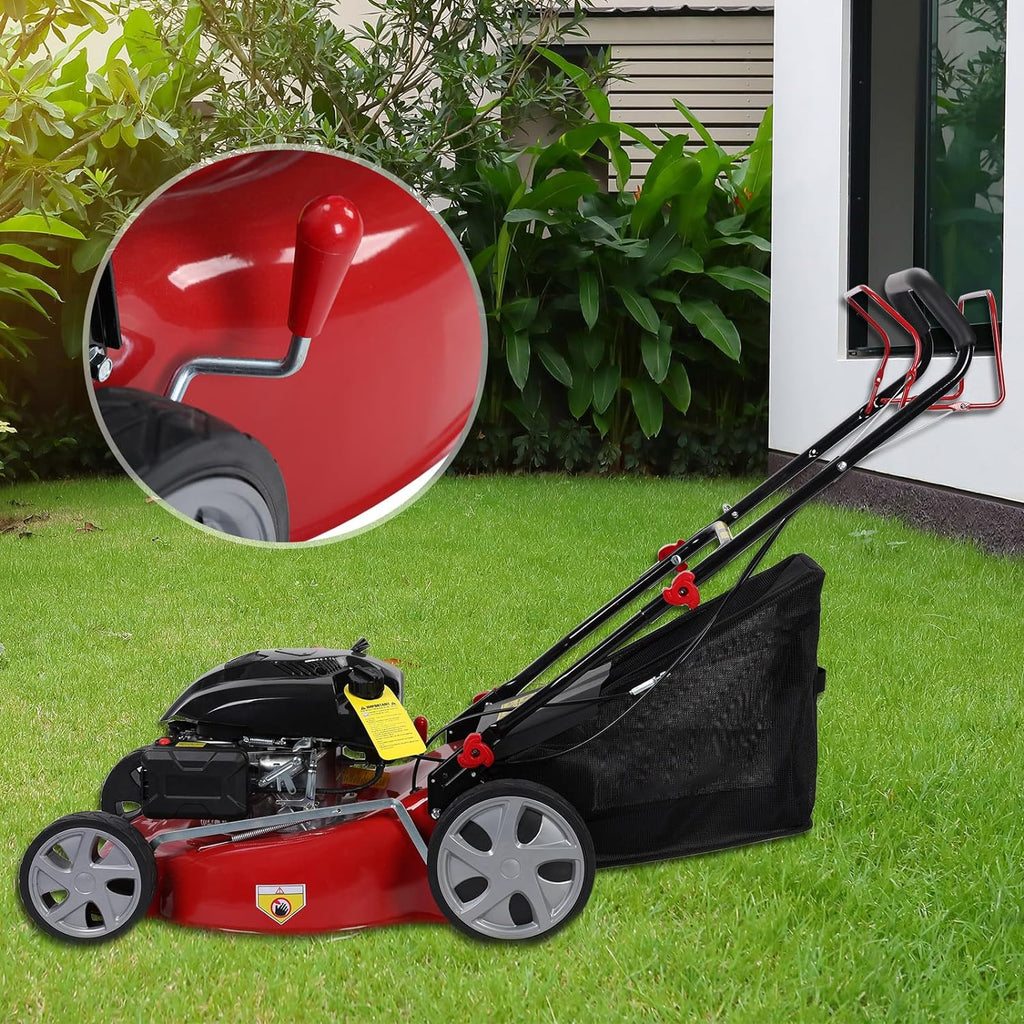 Self Propelled Gas Lawn Mower,20 Inch Lawn Machine Adjustable Length 141cc Gas Engine Mower Ergonomic Handle 2850rpm Walk Behind Mower with 50L Grass Tank High Rear Wheel for Lawn Care Red