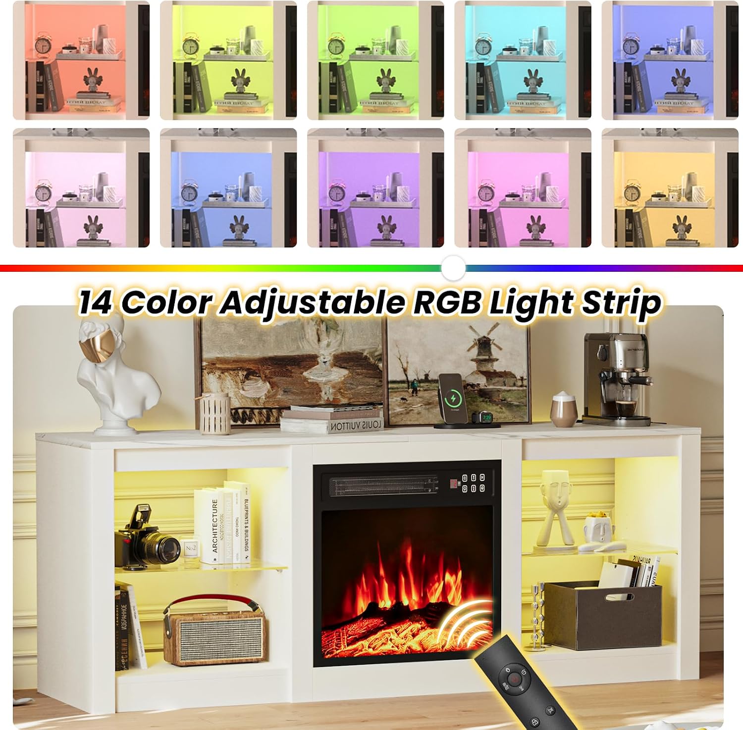 EAG Fireplace TV Stand for 65' TV, TV Stand with 18' Electric Fireplace, Entertainment Center with Glass Shelves, LED Lights and Power Outlets, Media TV Console for Living Room, White