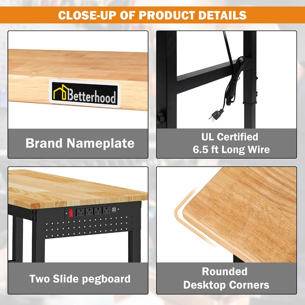 Betterhood 96' Adjustable Workbench, 5000 LBS Heavy Duty Work Table with Power Outlets & Pegboard, Rubber Wood Workstation for Garage, Workshop, Office, Home, Commercial