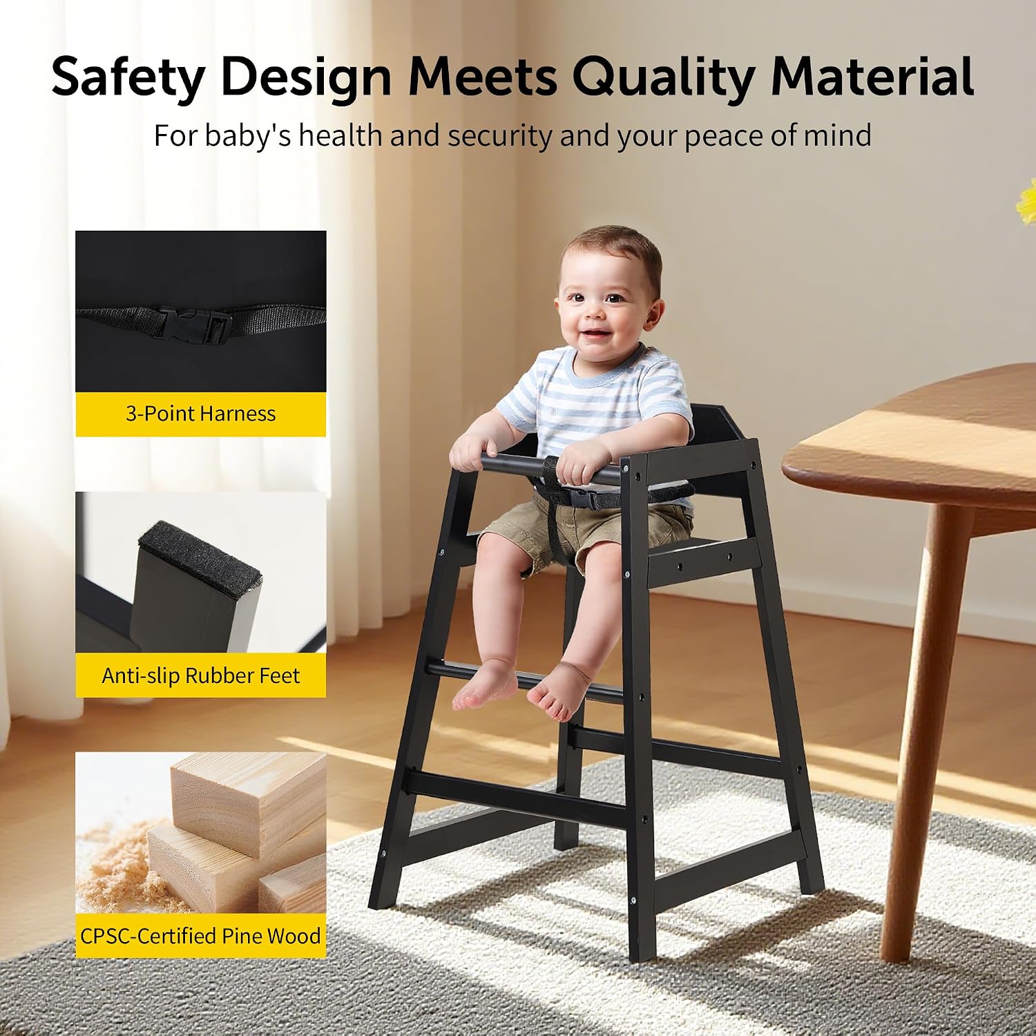 4-Pack Wooden Baby High Chair -Stack-able Solid Wood Feeding Seats, with Commercial Grade Solid Wood for Dining Table & Kitchen - Compact & Portable Design for Restaurant & Home Use（Black）
