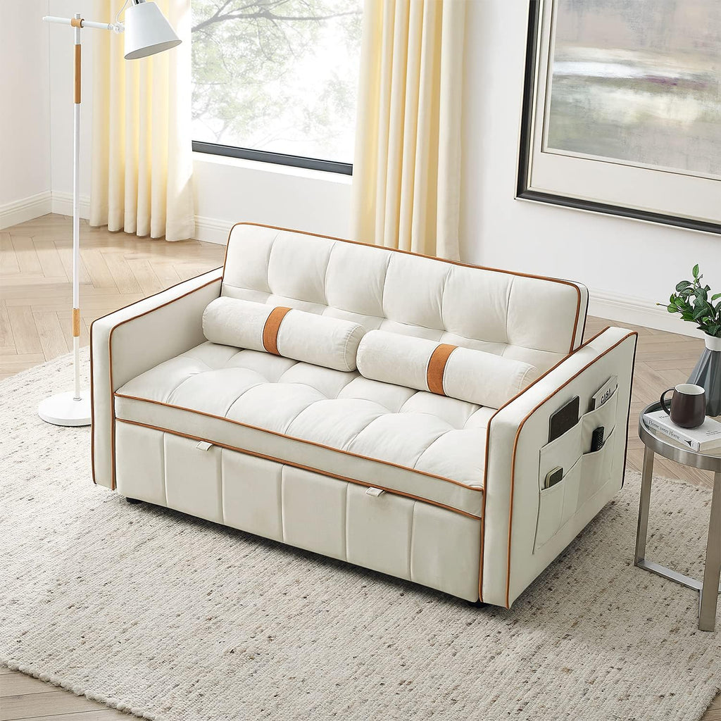 3 in 1 Sleeper Sofa Couch Bed, Small Tufted Velvet Convertible Loveseat Futon Sofa w/Pullout Bed, Adjustable Backrest, Cylinder Pillows for Living Room Apartment, Easy to Assemble, Beige, 55.5'