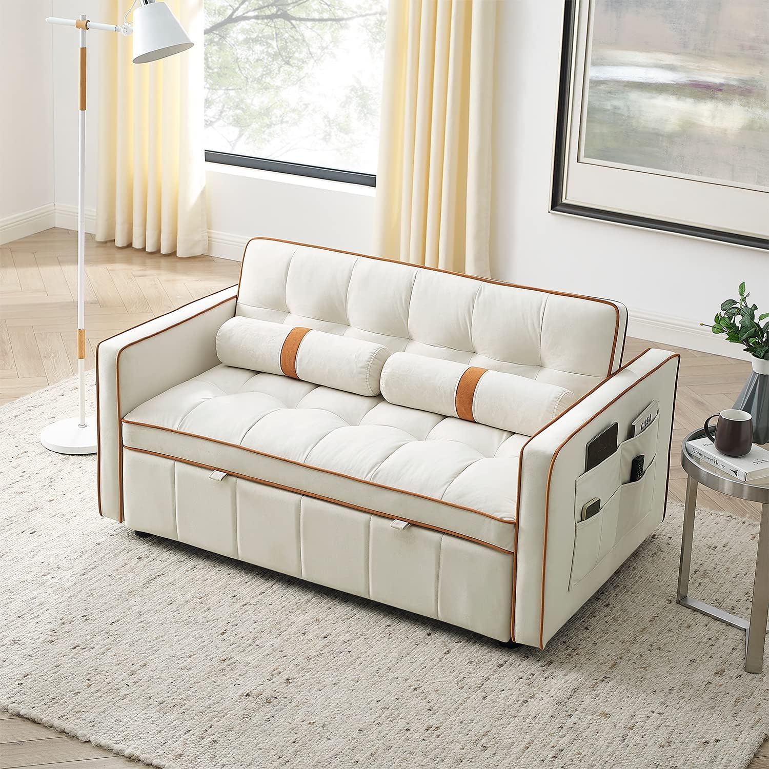 3 in 1 Sleeper Sofa Couch Bed, Small Tufted Velvet Convertible Loveseat Futon Sofa w/Pullout Bed, Adjustable Backrest, Cylinder Pillows for Living Room Apartment, Easy to Assemble, Beige, 55.5'