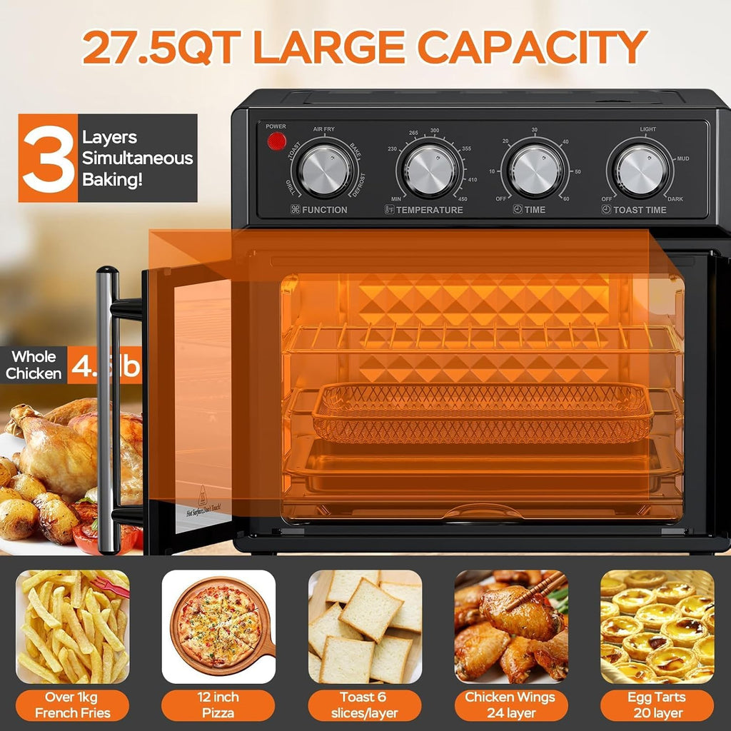 PlumChef 27.5 Quart Extra Large 6 Slices Air Fryer Convection Toaster Oven, French Door, 1700W, Multifunction Oven for Air Fryer, Toast, Grill, Defrost, Bake (Black)