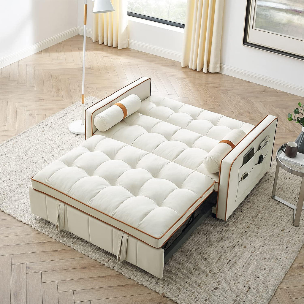 3 in 1 Sleeper Sofa Couch Bed, Small Tufted Velvet Convertible Loveseat Futon Sofa w/Pullout Bed, Adjustable Backrest, Cylinder Pillows for Living Room Apartment, Easy to Assemble, Beige, 55.5'