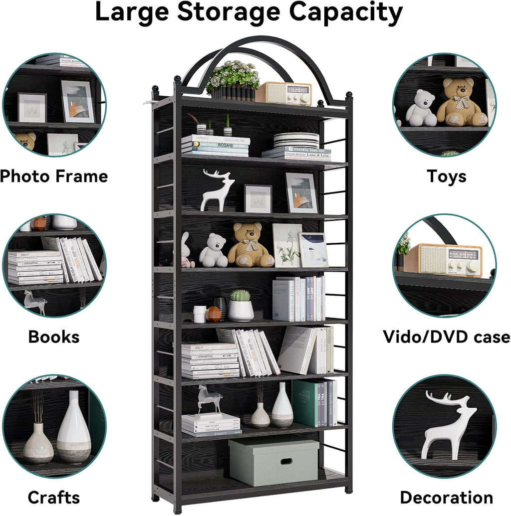 78.7' 8-Tier Industrial CD Rack,DVD Media Storage Shelf,Metal Frame&MDF Bookshelves with Arched Top for Living Room, Bedroom or Home Office,Black