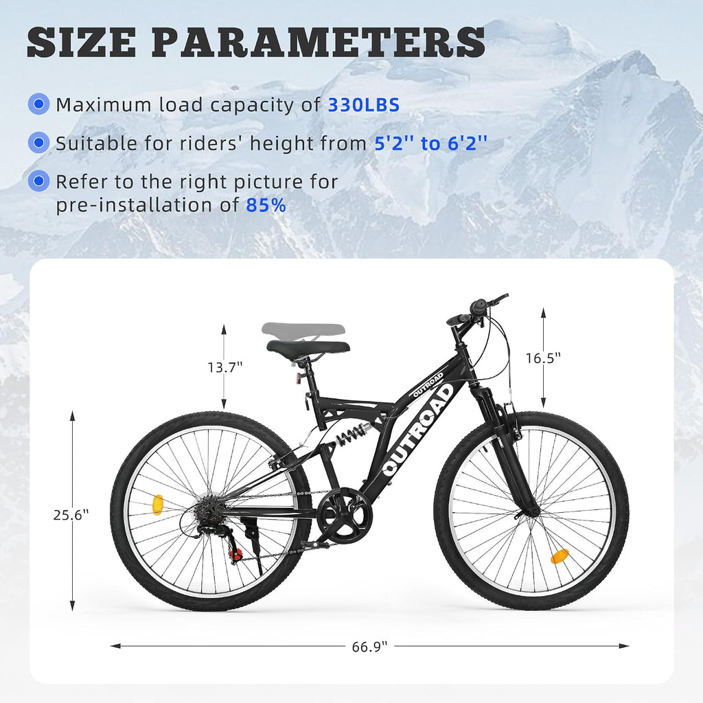 Max4out 26 inch Mountain Bike Dual Full Suspension, Outdoor Hybrid Bikes,7-Speed/High-Carbon Steel, for Men Women Adult, MTB Bicycle with Suspension Fork,Sleek Colors
