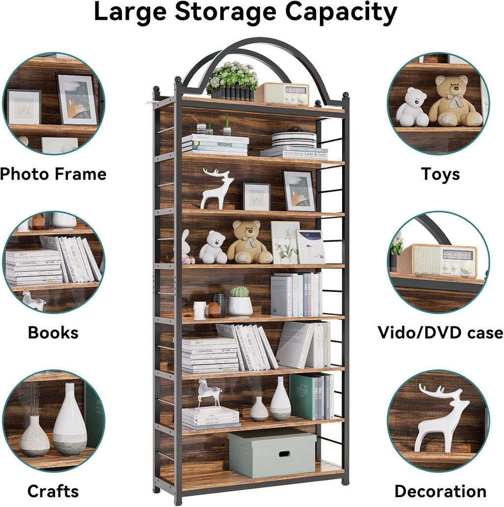 8-Tier CD Storage Racks,CDs DVDs Game Video Media Organizer Cabinet with 7 Shelves,78.7' Arched-Top Industrial Tall Bookshelf Display Bookcase Brown Black