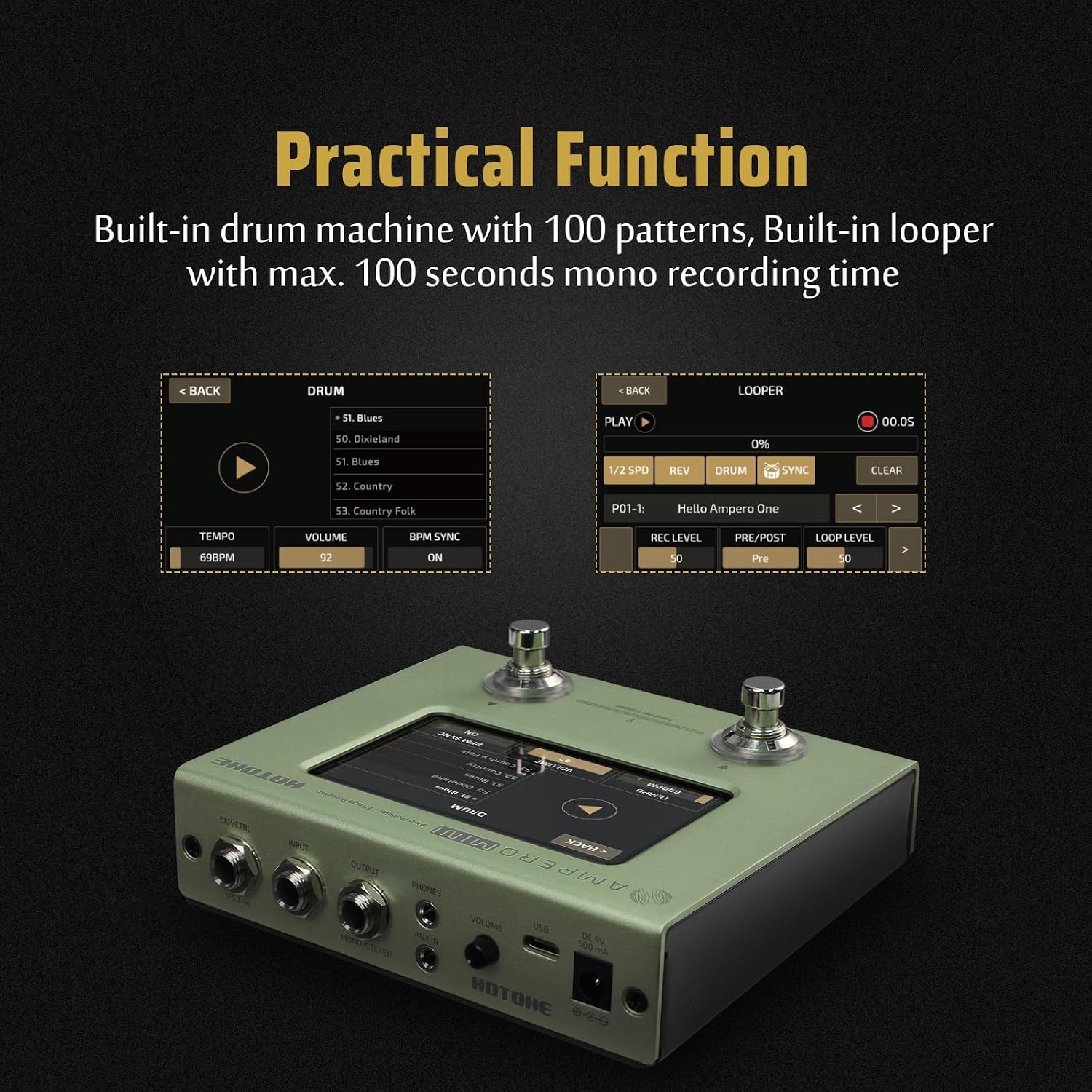 HOTONE Multi Effects Processor Pedal Guitar Bass Amp Modeling IR Cabinets Simulation Multi LanguageStereo OTG USB Audio Interface Ampero Mini MP-50 (Include 10 PCS Additional Footswitch Toppers)