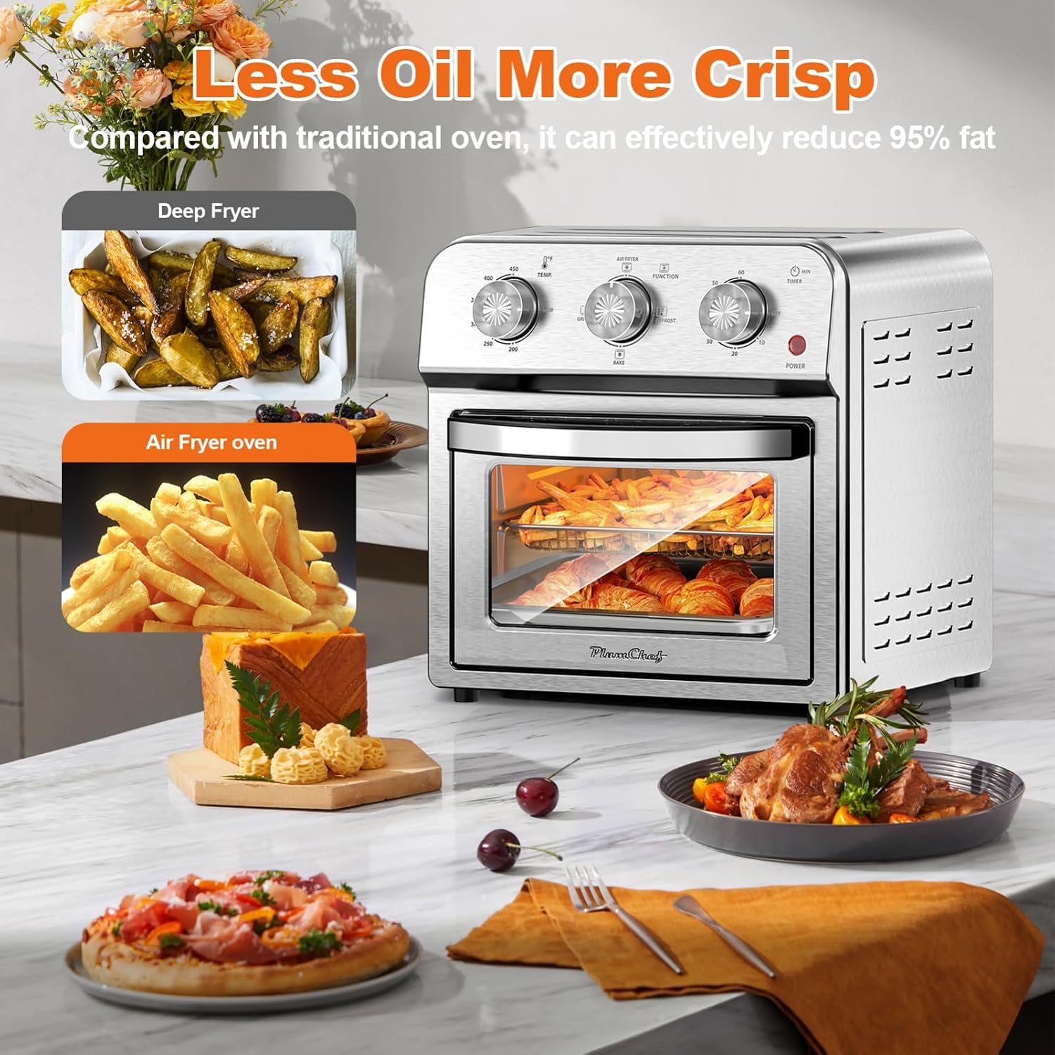 Family Size Air Fryer Toaster Oven Combo,13QT,360° Hot Air Circulation for Healthy Oil-Free Cooking, Multifunctional Convection Contertop Oven, Adjustable Time & Temp Control, Stainless Steel