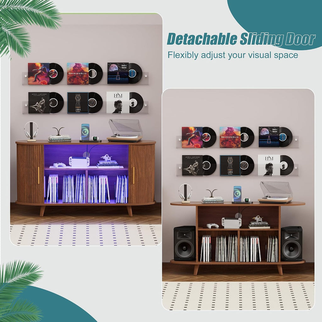 Large Record Player Stand with LED Lights, Vinyl Record Storage with Charging Station & USB Ports, Record Player Cabinet for Living Room(Natural, 55in) (Walnut, 55in)