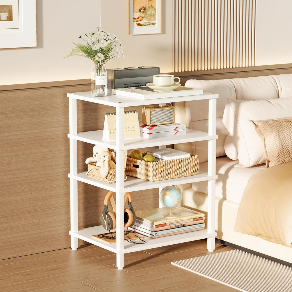 LELELINKY 4-Tier AV Media Player Stand Set of 2, White Stereo Cabinet, Wooden TV Stand,Game Console Shelf, Multifunctional Entertainment Center, Suitable for Home, Conference Room, Game Studio