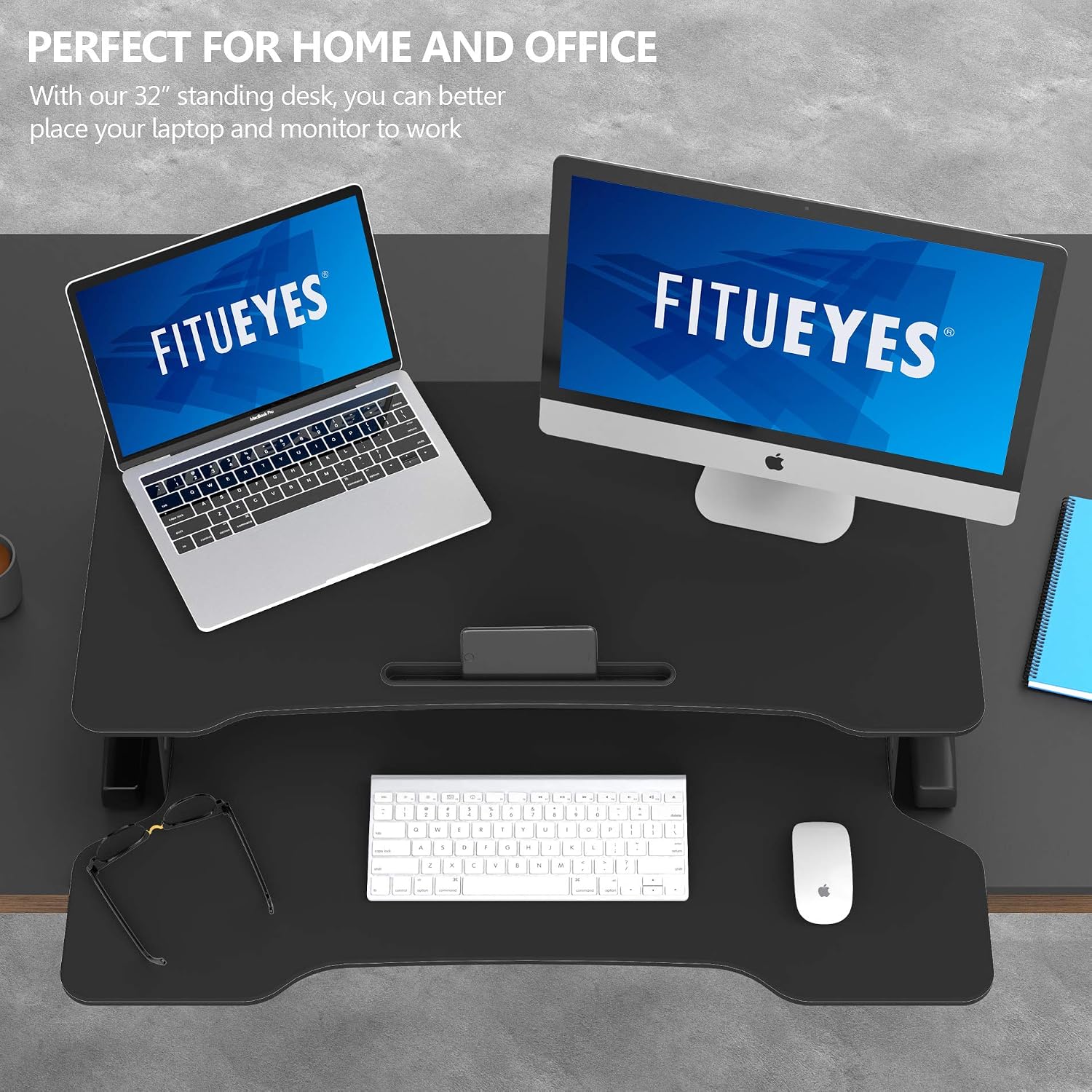 FITUEYES Height Adjustable Standing Desk 32' Wide Sit to Stand Converter Stand Up Desk Tabletop Workstation for Dual Monitor Riser FSD308001WB