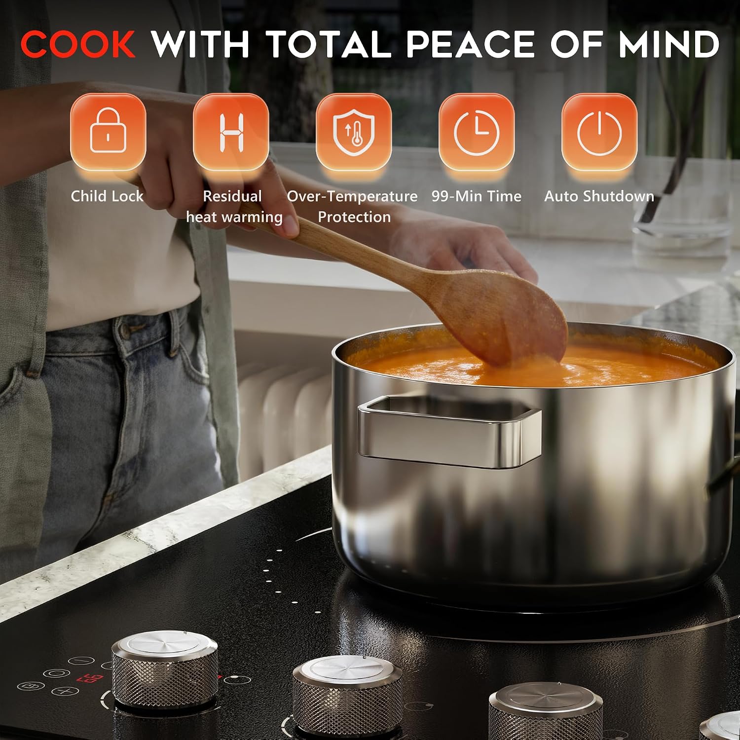 Electric Cooktop 30 Inch Hobsir, 4 Burner Electric Stove Top 6700W, Dual-Ring Burner & Oval Burner, 9 Power Level, 30 Inch Cook top with Safety Lock, Timer, Silver Knob