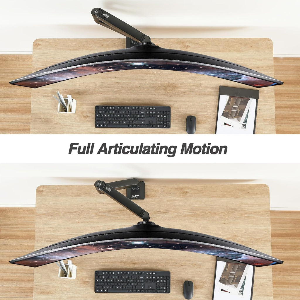 AVLT Single 17'-49' Super Ultrawide Monitor Arm Desk Mount for Screens up to 50 lbs, Premium Aluminum Stand, Adjustable Pneumatic Height, Full Motion Swivel Tilt Rotation, USB 3.0 & AUX Ports, Black