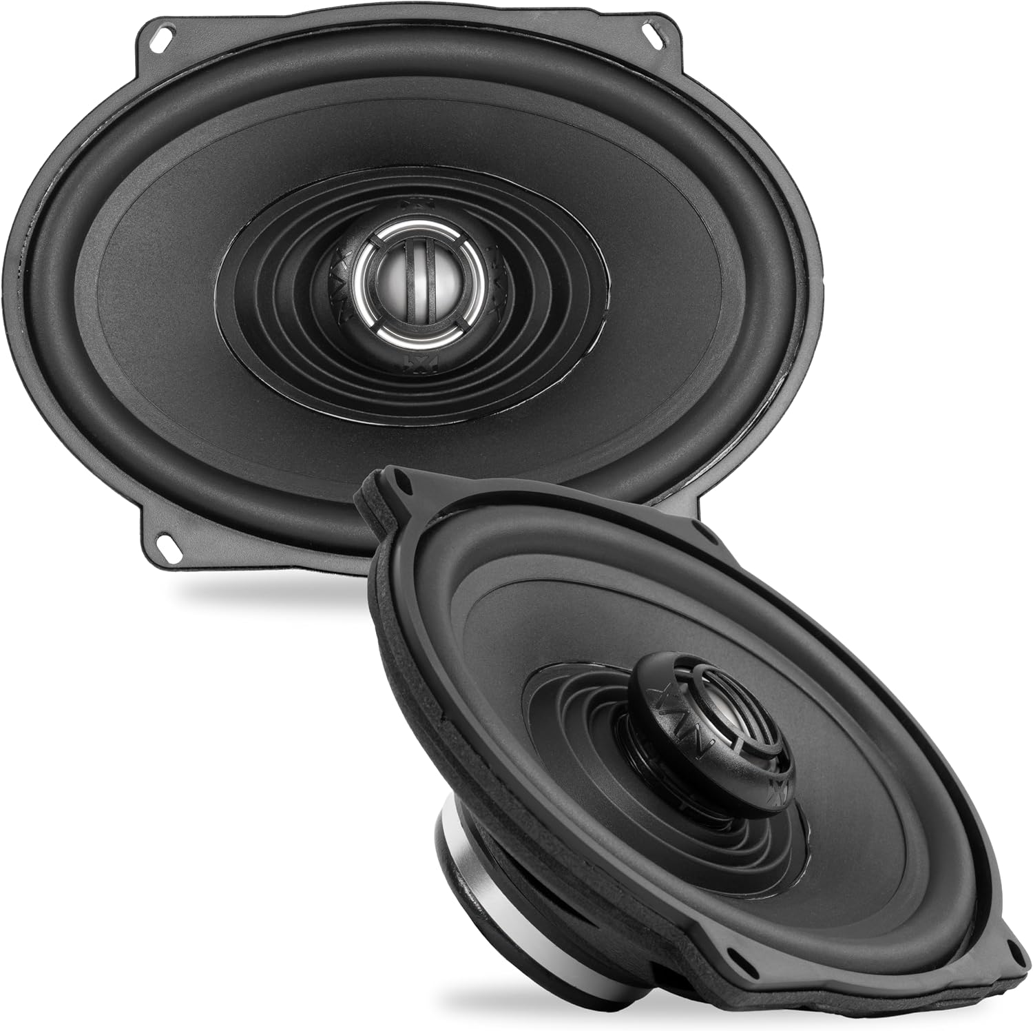 NVX® XFHD57L Premium 5x7' Motorcycle Speakers, 600W Peak (300W RMS), 2-Ohm OEM Saddlebag Lid Coaxials with 1' Titanium Tweeters, Waterproof, for Harley-Davidson 1998 up (Pair)