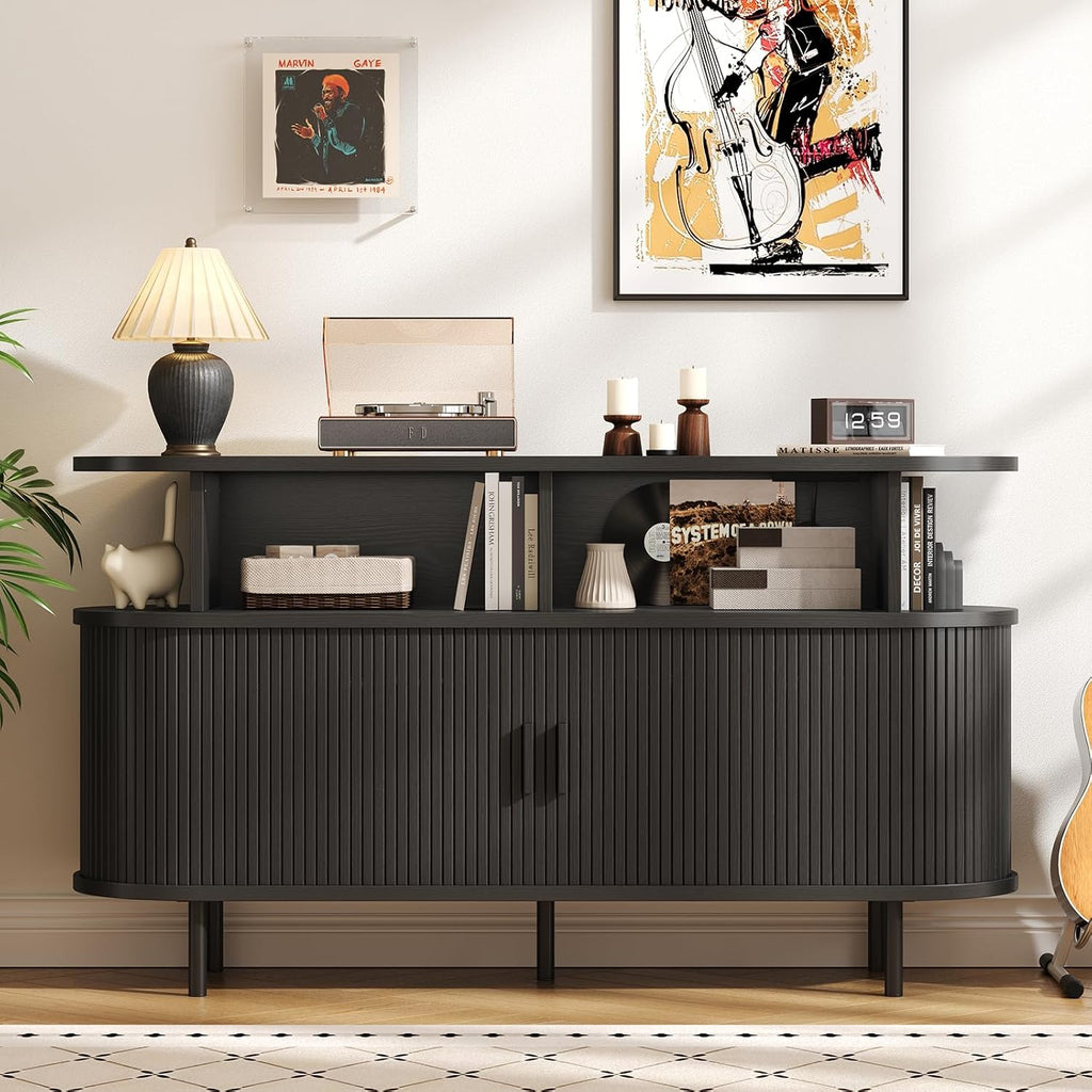 55' Large Round Record Player Stand with Charging Station, Vinyl Record Storage Cabinet, Mid Century Modern Turntable Stand with Open Shelves Holder for Bedroom Living Room, Sliding Doors (Black)
