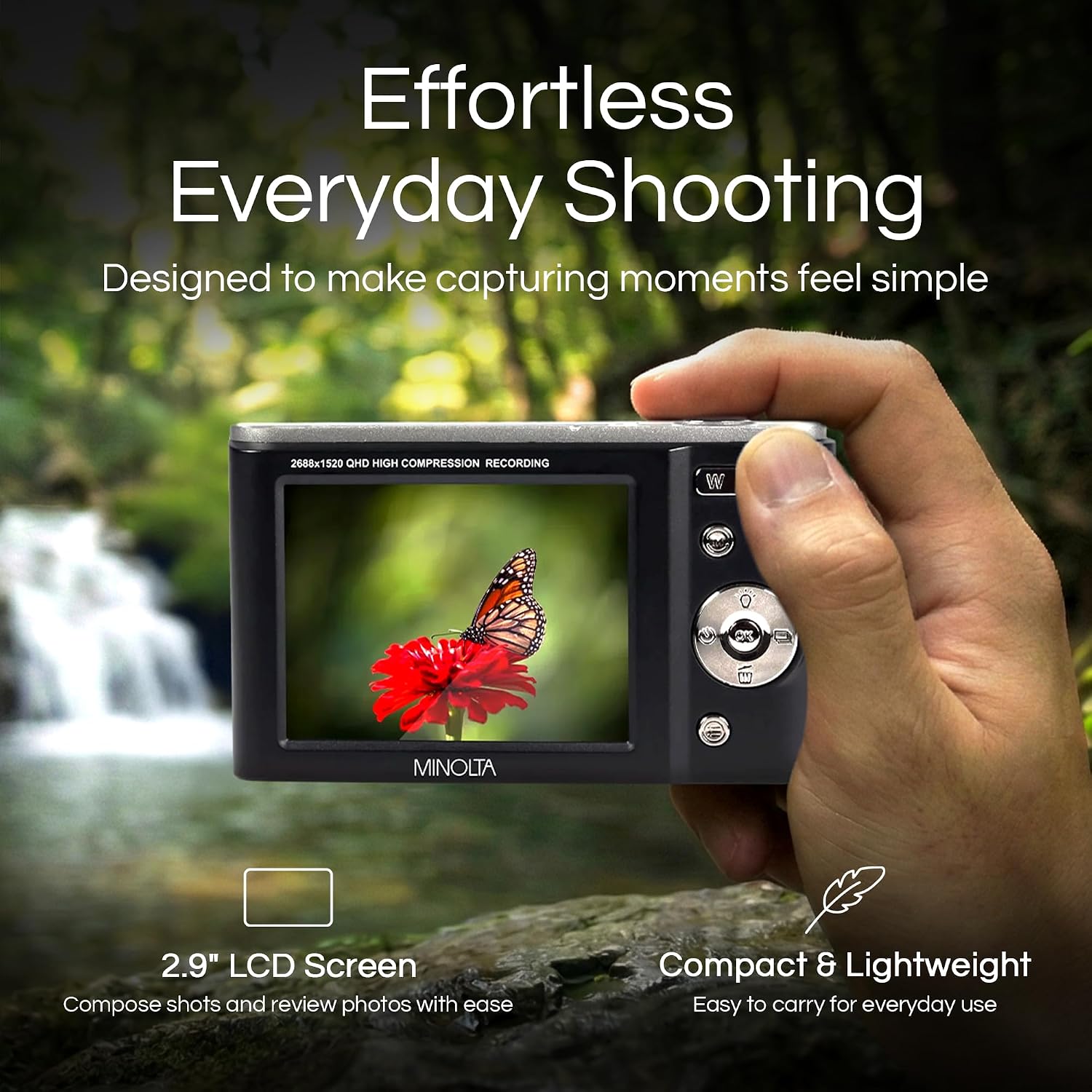 Minolta MND20 44MP Digital Camera – 2.7K Ultra HD Video, 16X Digital Zoom, Anti-Shake Stabilization, Time Lapse, Face Detection, 2.9-inch LCD Display – Lightweight Compact Camera (Black)
