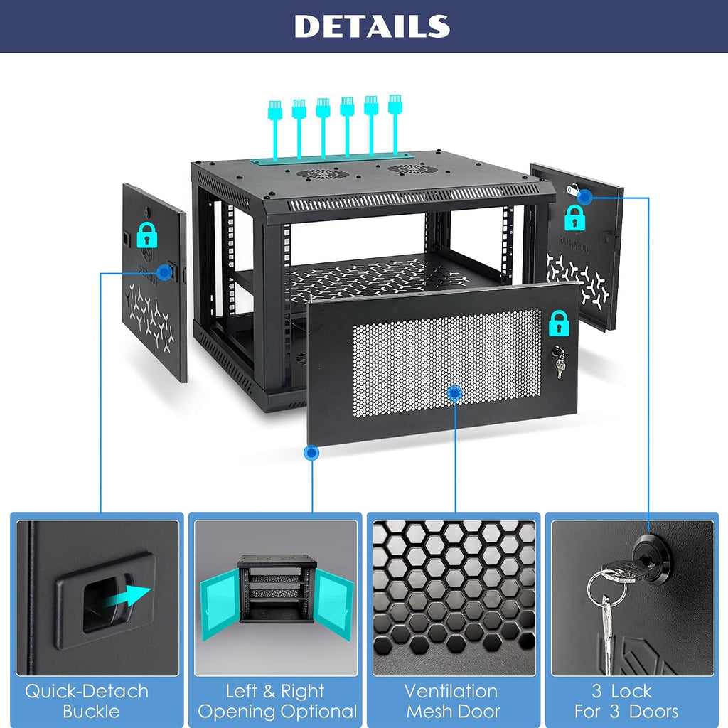 12U Wall Mount Server Cabinet with A Lockable Front Vented Door, Cooling Fans, Removable Side Panels - 45cm Depth, 19' Network Rack Including 2 PCS Full-Size Rack Shelves for IT Equipment