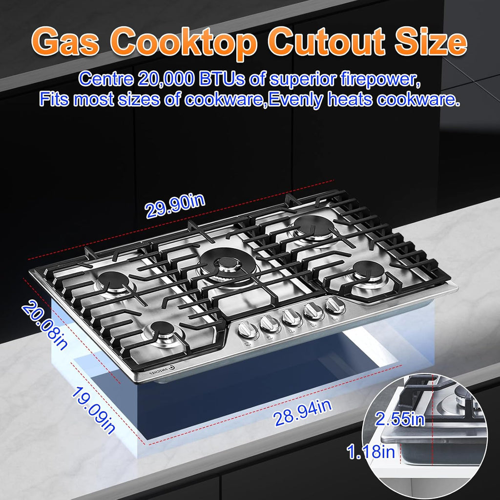 AMZCHEF 30 inch Gas Cooktop with 5 Made in Italy SABAF Power Burners,Max 48300 BTU/hr Built-in Gas Stove top of 304 Stainless steel with Double Sided griddle,NG/LPG Convertible,ETL.