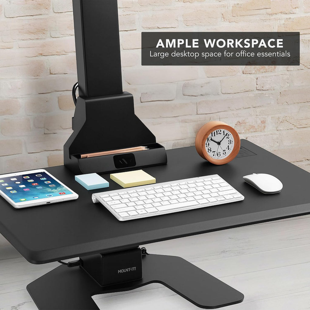 Mount-It! Triple Monitor Electric Standing Desk Converter - 3 Screens Stand Up Desk Riser - Height Adjustable Desktop & 3 Mounts for Screens up to 32', Sit-Stand Convertor for Home, Office, School