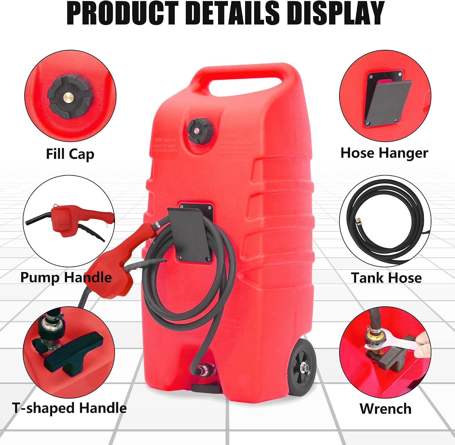 GAOMON Fuel Caddy, 14 Gallon Portable Gas Fuel Tank Container with LE Fluid Transfer Siphon Pump and 10ft. Delivery Hose, Diesel Storage Can On-Wheels for Cars, Lawn Mowers, ATVs, Boats - Red