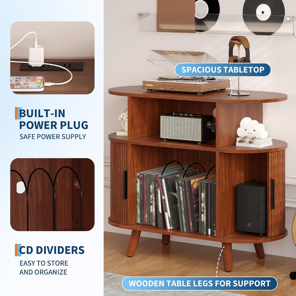 Garvee 35'' Fluted Mid Century Modern Turntable Cabinet, Large Round Record Player Stand with Charging Station and Display Shelf, Arched Wood Record Player Table for Living Room