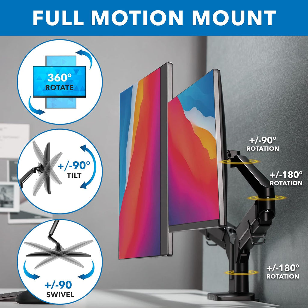 Mount-It! Dual Monitor Arm for 2 Monitors 17' to 32' Screens, Holds 19.8lbs per Arm, Height Adjustable, Tilt/Swivel/Rotate, Gas Spring System, Max VESA 100x100, C-Clamp & Grommet Base