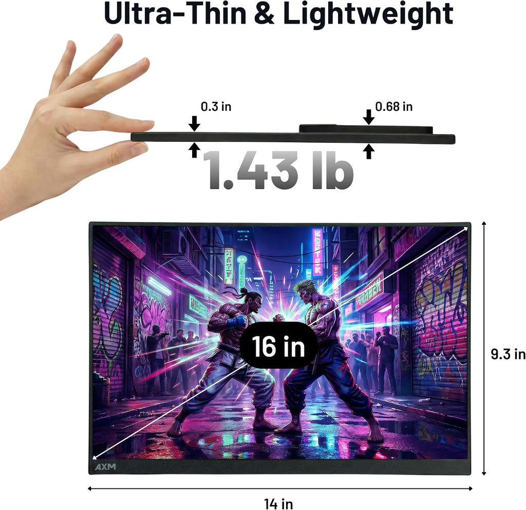 AXM 16' Portable Monitor 2.5k QHD IPS 120Hz Flicker-Free 400 Nits 140% sRGB(OLED-Like Colors) USB-C HDMI 2nd Monitor for Switch (Dock-Free), Windows, MacBook, Phone, Xbox (16' QHD)