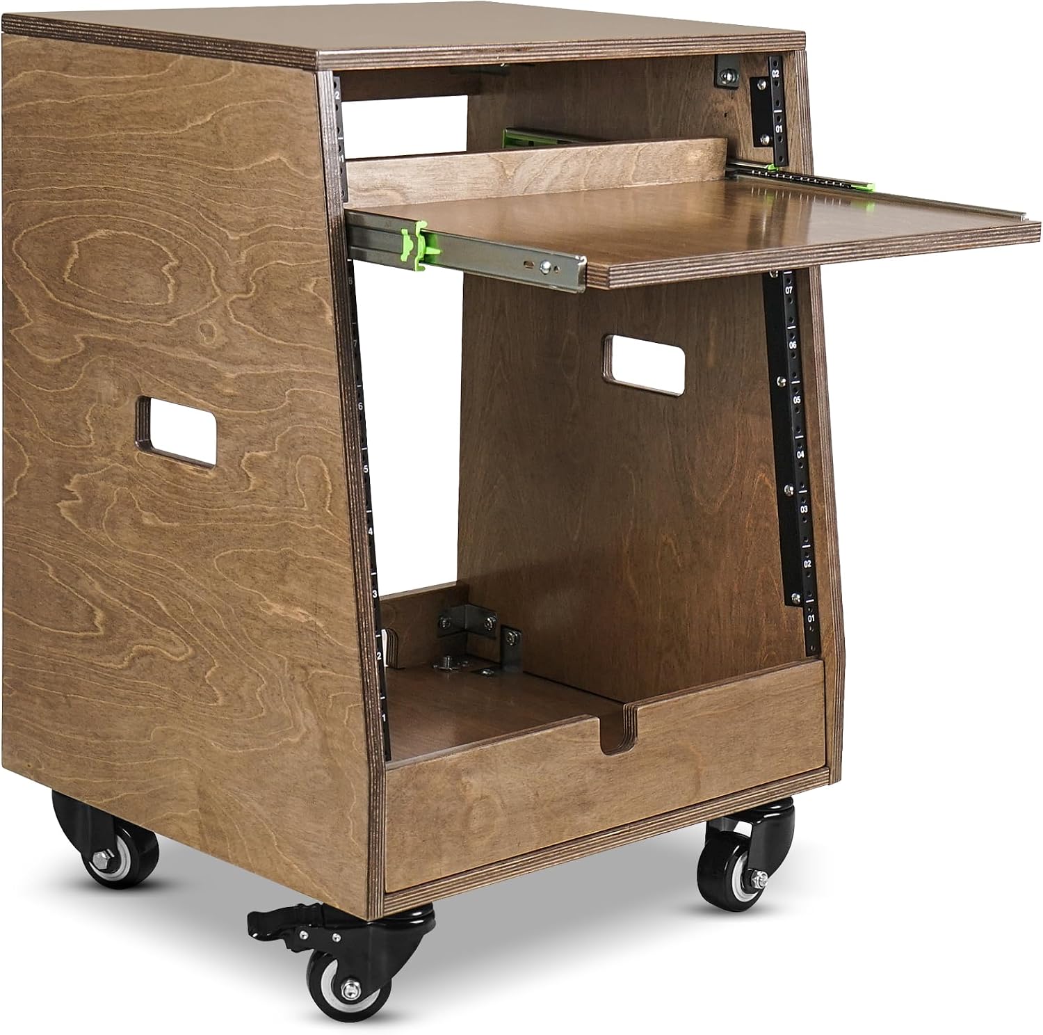 Sound Town DIY Slanted 10U Studio Rack (2U Top + 8U Lower), with 2U Bottom Storage, Slide-Out Tray, Caster, Plywood, Weathered Brown for Recording Room, Home Studio (SDRK-ST10TB)