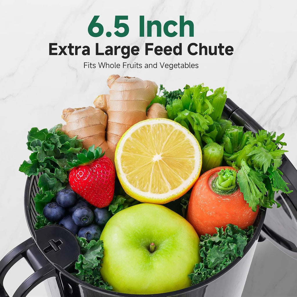AMZCHEF Cold Press Juicer – 6.5' Wide Mouth Hopper for Whole Recipe Loading, Self Feeding for Hands-Free Operation, Zero Waste Masticating Juicer For More Juice, Less Pulp – Triple Strainers