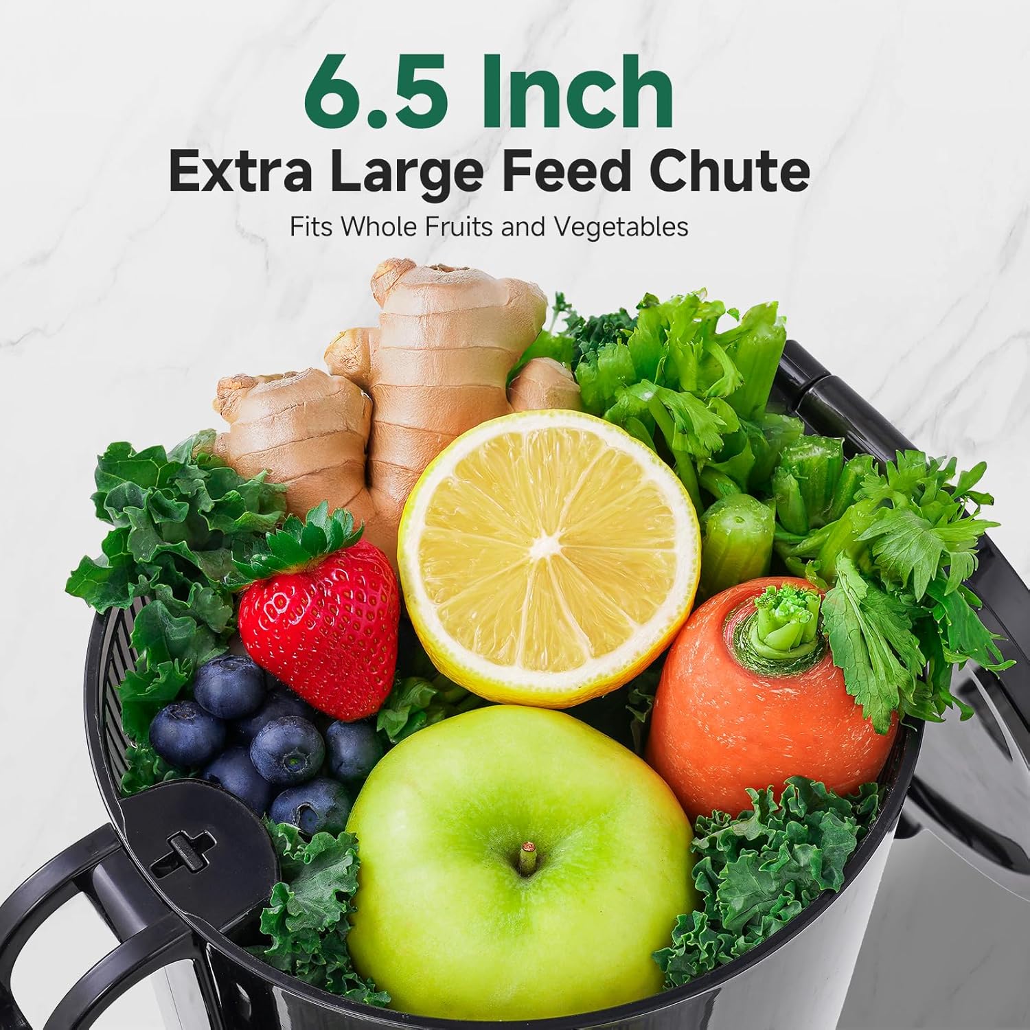AMZCHEF Cold Press Juicer – 6.5' Wide Mouth Hopper for Whole Recipe Loading, Self Feeding for Hands-Free Operation, Zero Waste Masticating Juicer For More Juice, Less Pulp – Triple Strainers
