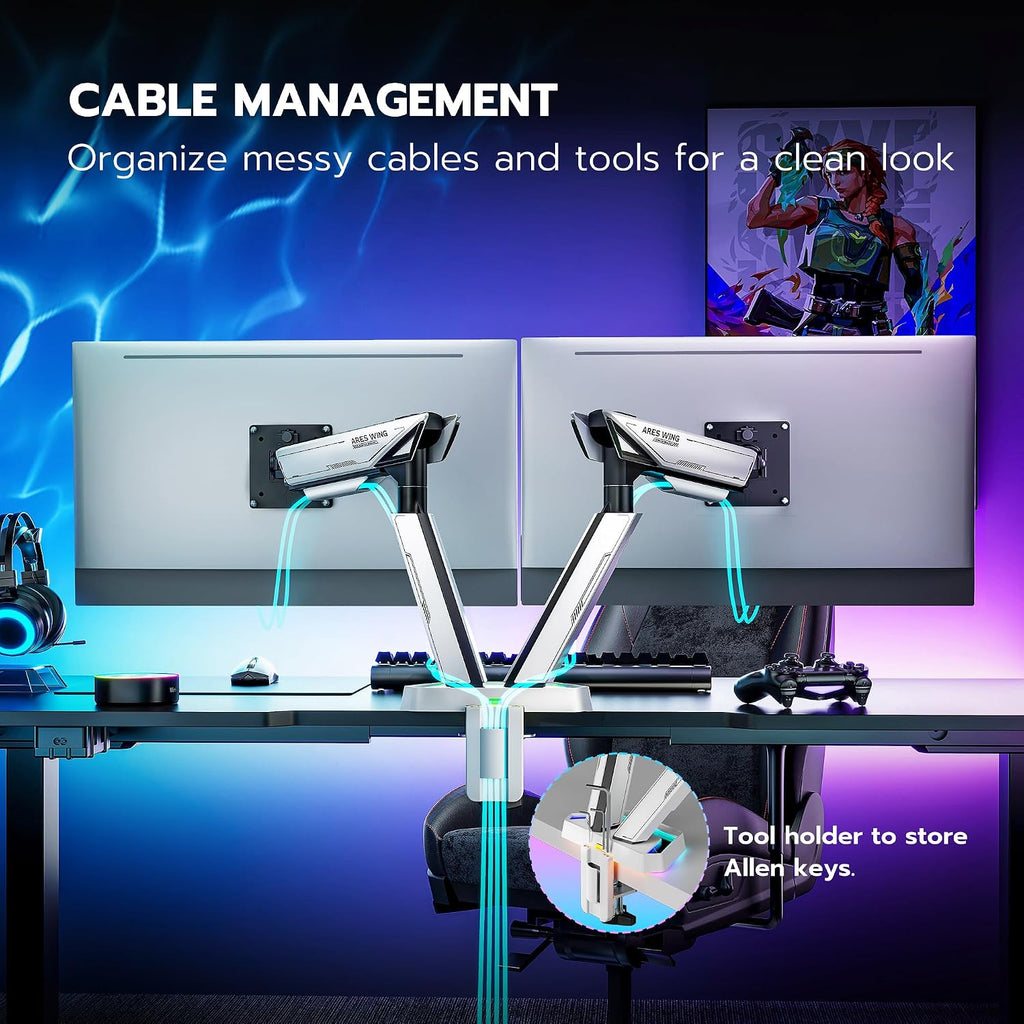 ARES WING RGB Dual Monitor Arm for 17-38' Ultrawide Screens, Holds 35.2lbs, Heavy Duty Dual Monitor Stand for Desk, Adjustable Double Monitor Mount with Clamp & Grommet Base, 75/100 VESA Mount, White