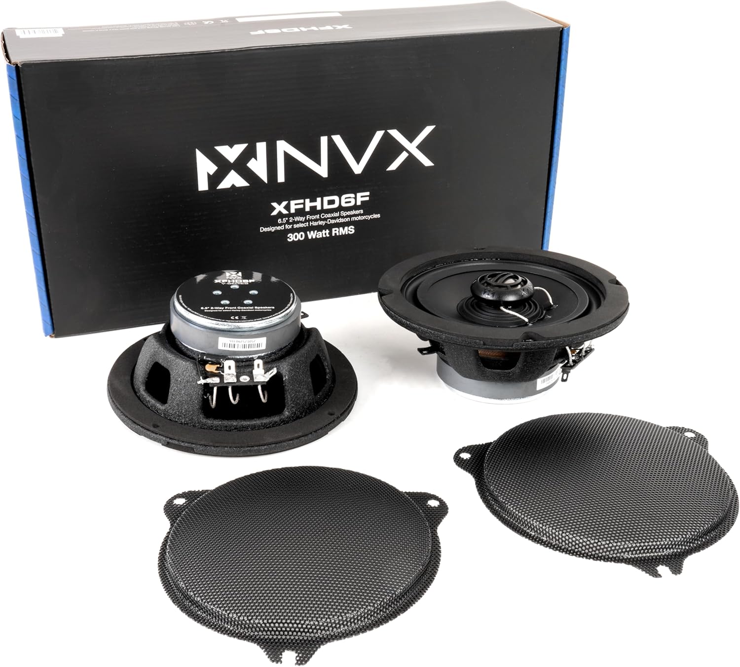 NVX® XFHD6F Premium 6.5' Motorcycle Speakers, 600W Peak (300W RMS), 2-Ohm Front Fairing Coaxials with 1' Titanium Tweeters, Waterproof, Plug-and-Play Upgrade for Harley-Davidson Touring 2014 up (Pair)