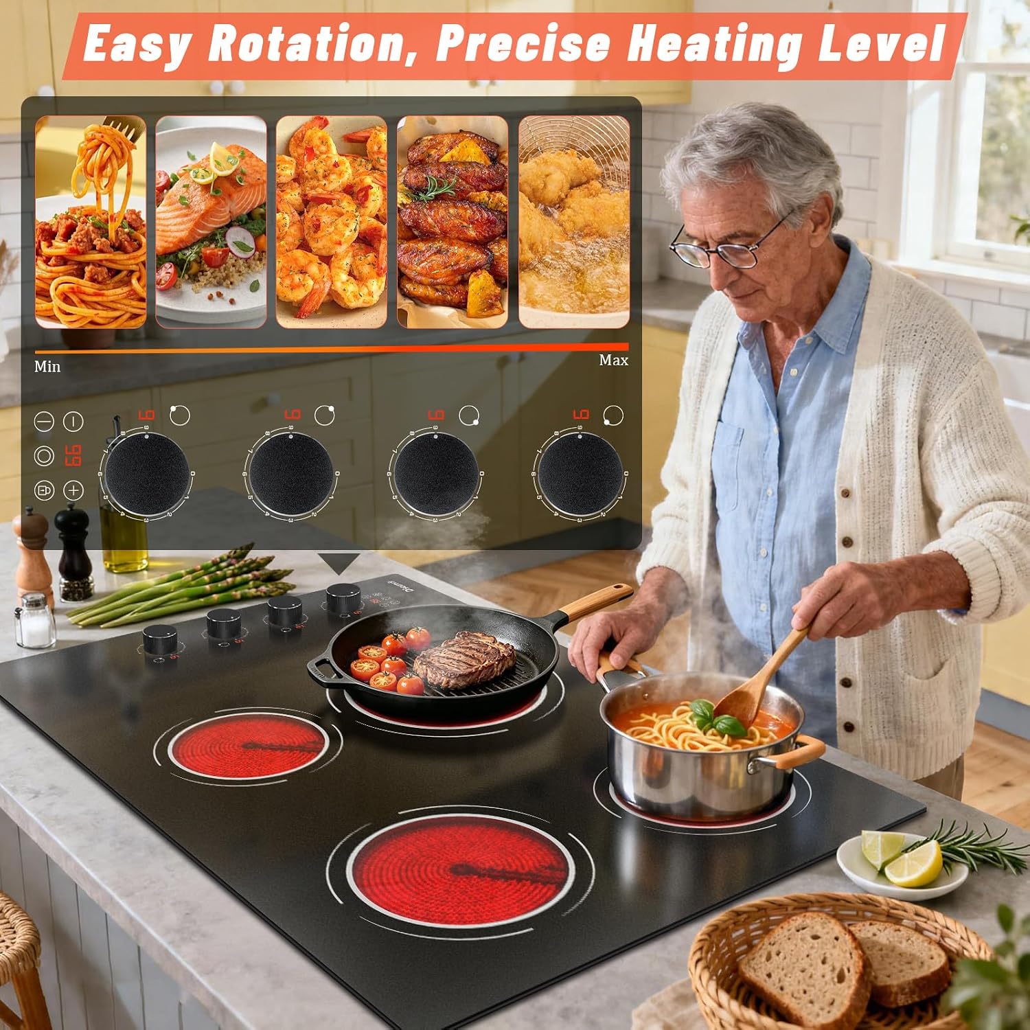 30 Inch Electric Cooktop 4 Burner - Built-in(29.13'x19.3') Ceramic Stove 6700W, 30' Radiant Electric Cooktop with Timer, Safety Lock, Pause, Dual Ring, 220V - 240V Hard Wired (Black Knob)