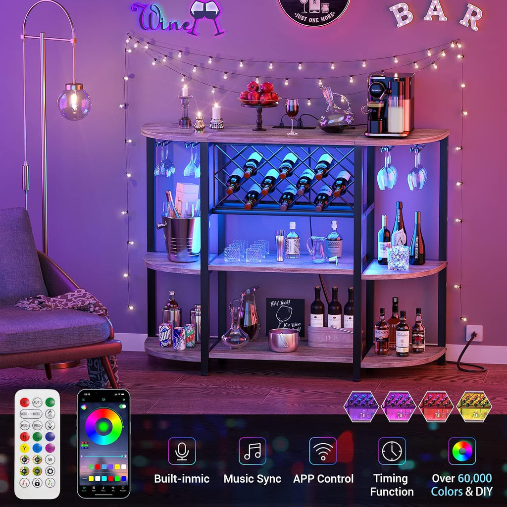 Unikito 4-Tier Metal Coffee Bar Cabinet with Outlet and LED Light, Freestanding Floor Table for Liquor Glass Holder Wine Rack Storage, Bakers Kitchen Dining Room, White Oak