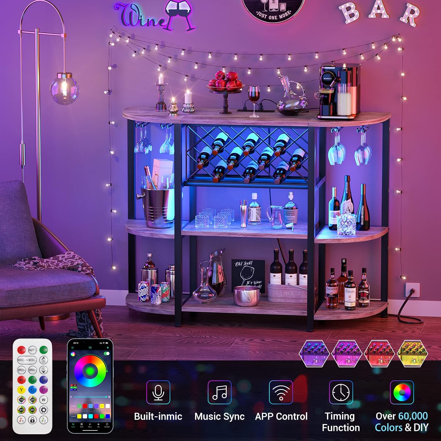 Unikito 4-Tier Metal Coffee Bar Cabinet with Outlet and LED Light, Freestanding Floor Table for Liquor Glass Holder Wine Rack Storage, Bakers Kitchen Dining Room, White Oak